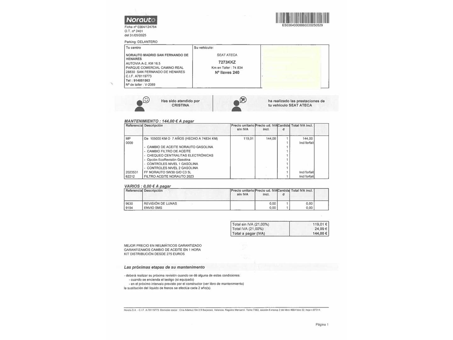 Foto del mantenimiento del Seat Ateca Seat Ateca 1.0 TSI S&S Ecomotive Style Plus (115 CV)