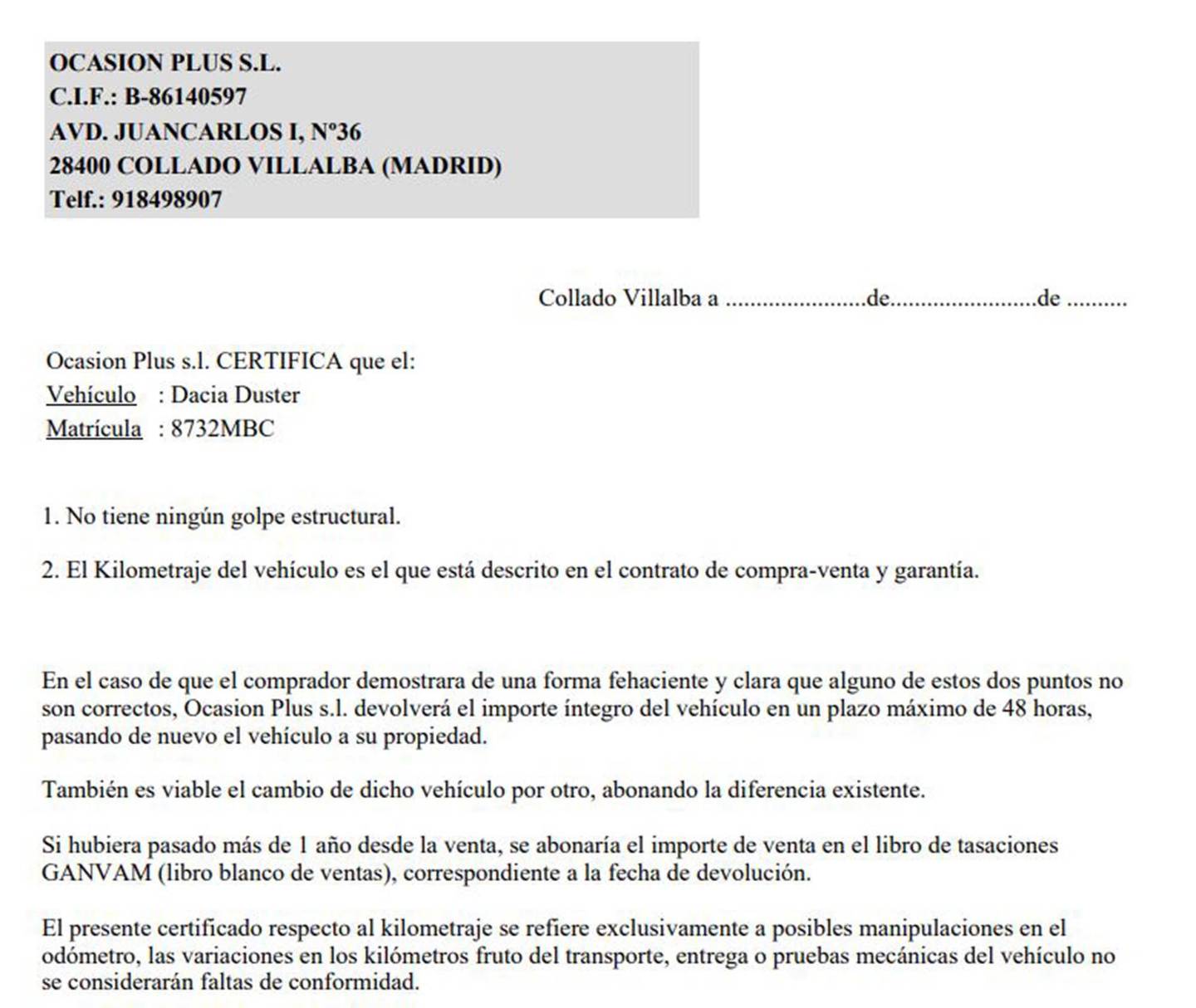 Foto del certificado del Dacia Duster Dacia Duster TCE ECO-G Prestige 4X2 (100 CV)