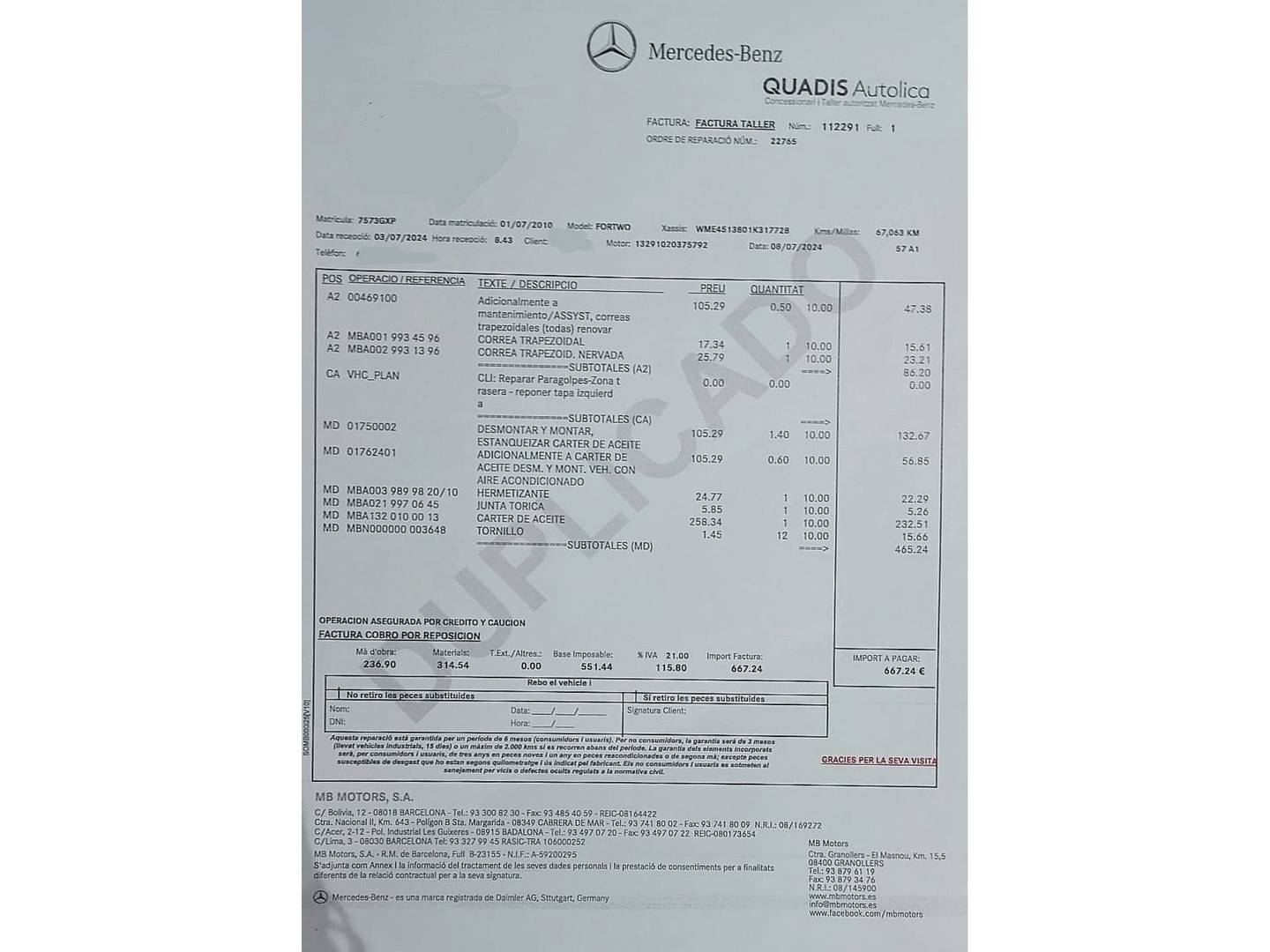 Foto del mantenimiento del Smart fortwo Smart ForTwo Coupe 52 mhd Passion (71 CV)