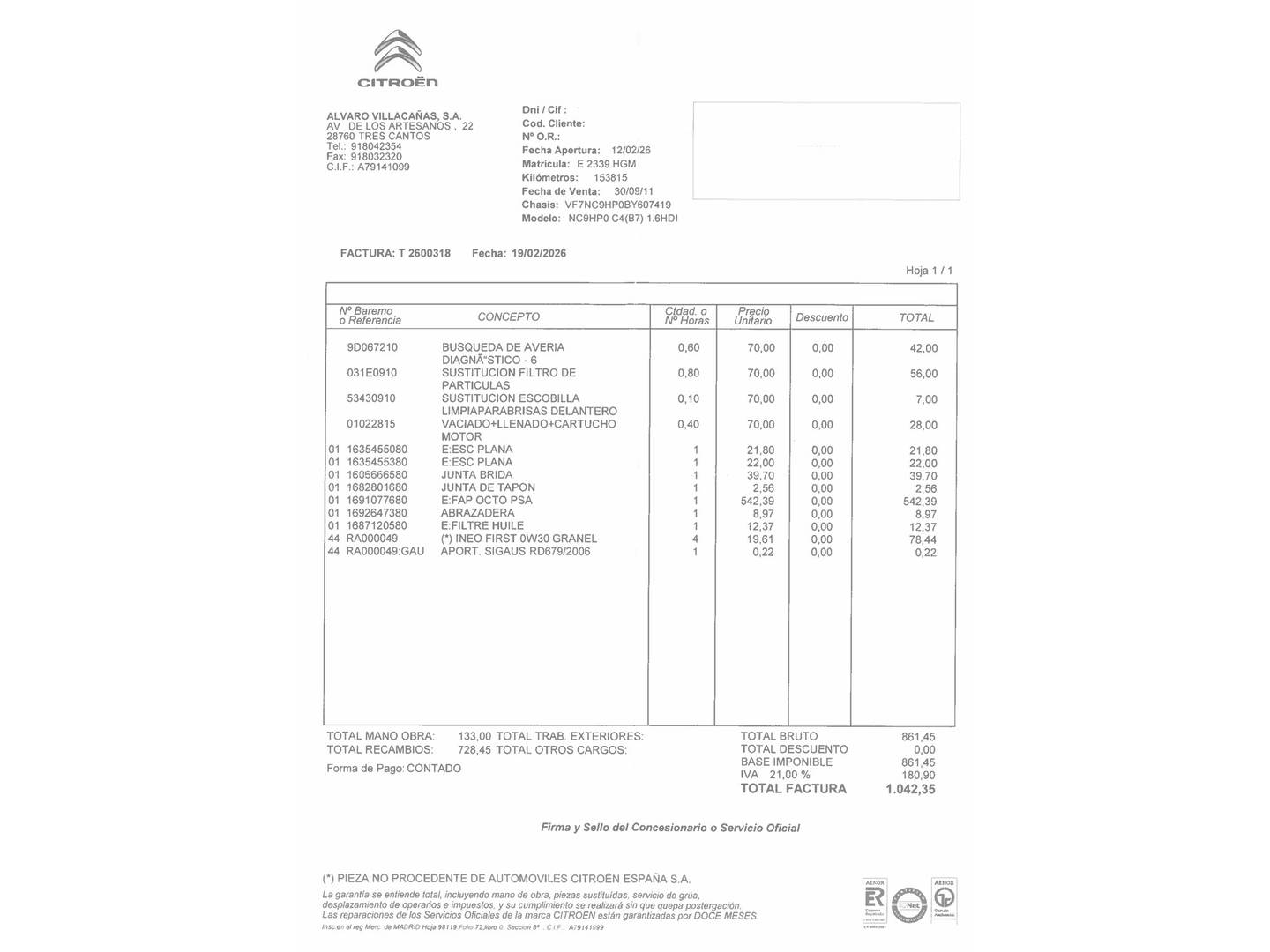 Foto del mantenimiento del Citroën C4 Citroën C4 1.6 HDI Seduction (92 CV)