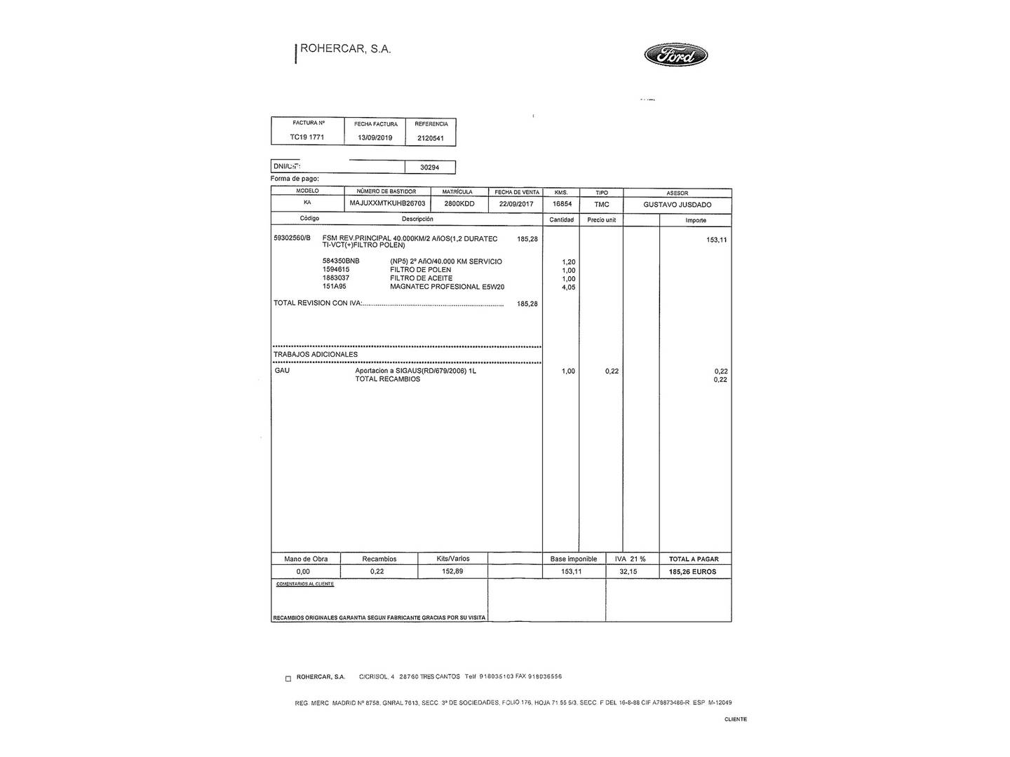 Foto del mantenimiento del Ford Ka+ Ford Ka+ 1.2 Ti-VCT Ultimate (85 CV)