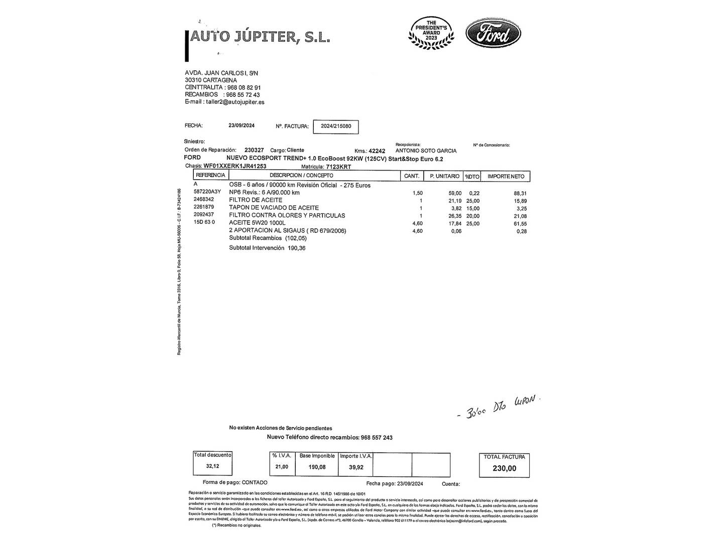 Foto del mantenimiento del Ford EcoSport Ford EcoSport 1.0L EcoBoost S&S Trend+ (125 CV)
