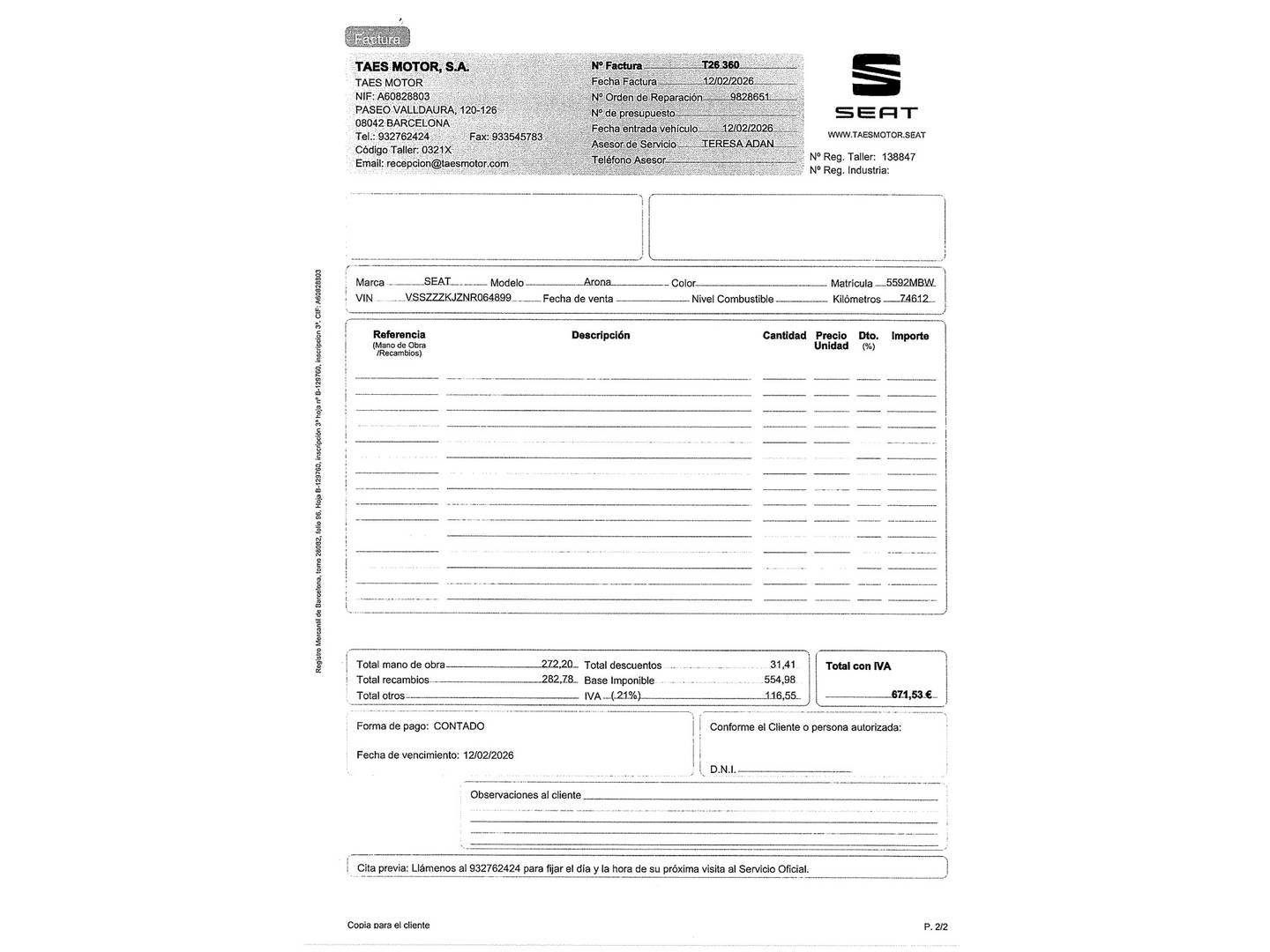 Foto del mantenimiento del Seat Arona Seat Arona 1.0 TSI Reference  (95 CV)