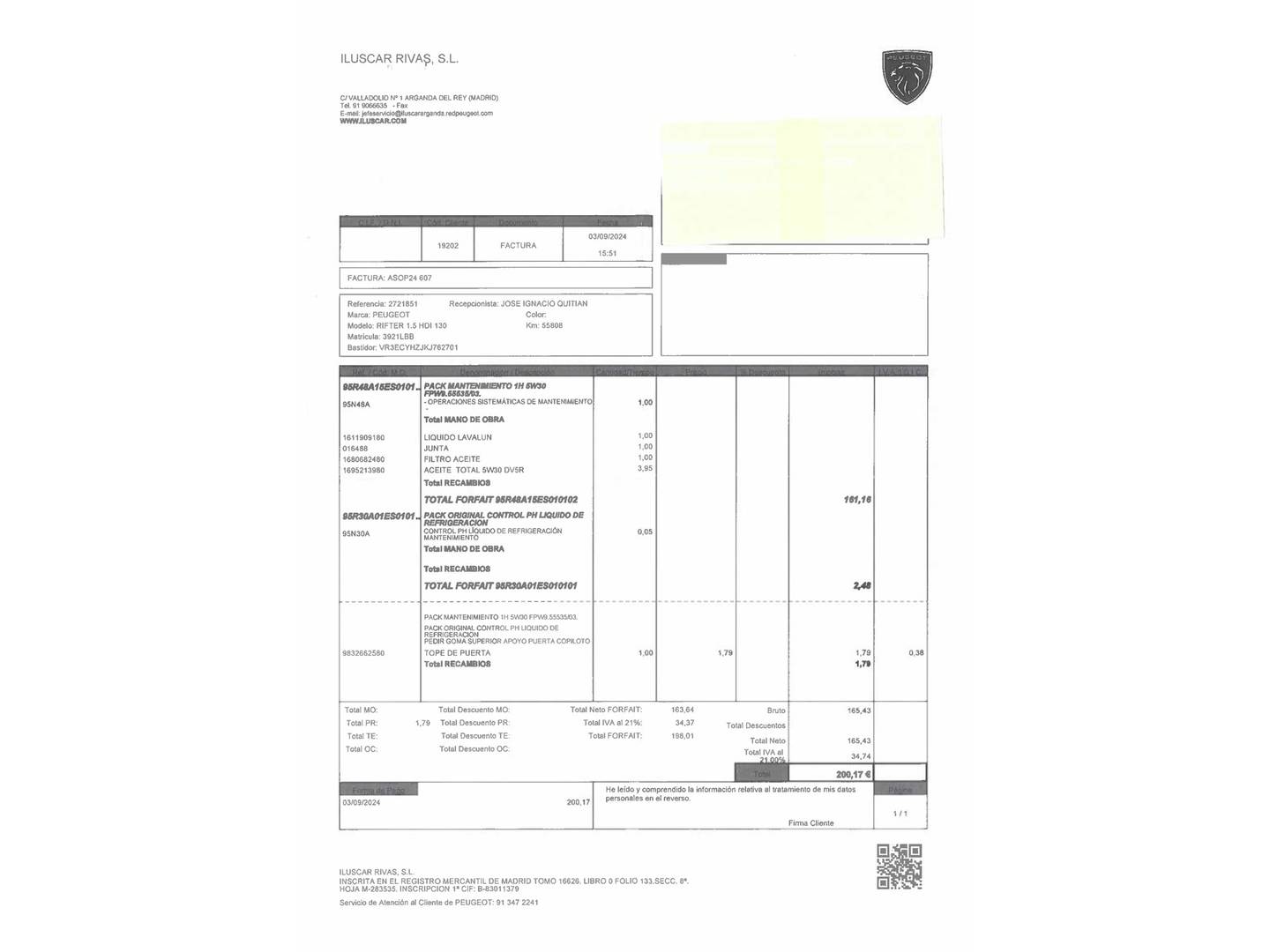 Foto del mantenimiento del Peugeot Rifter Peugeot Rifter BlueHDi 130 S&S Allure Standard (130 CV)