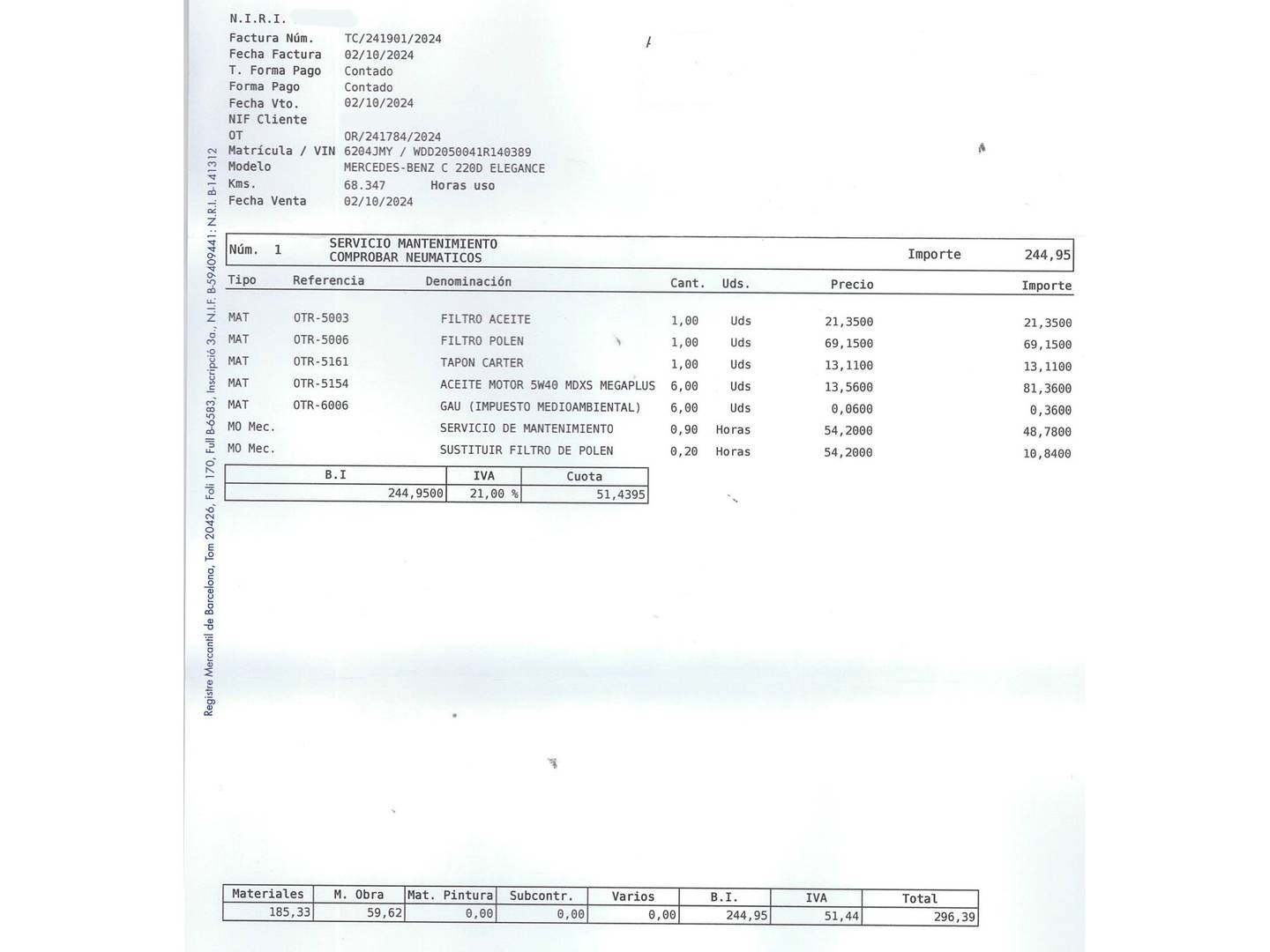 Foto del mantenimiento del Mercedes Clase C Mercedes-Benz Clase C 220 d (170 CV) Pack AMG