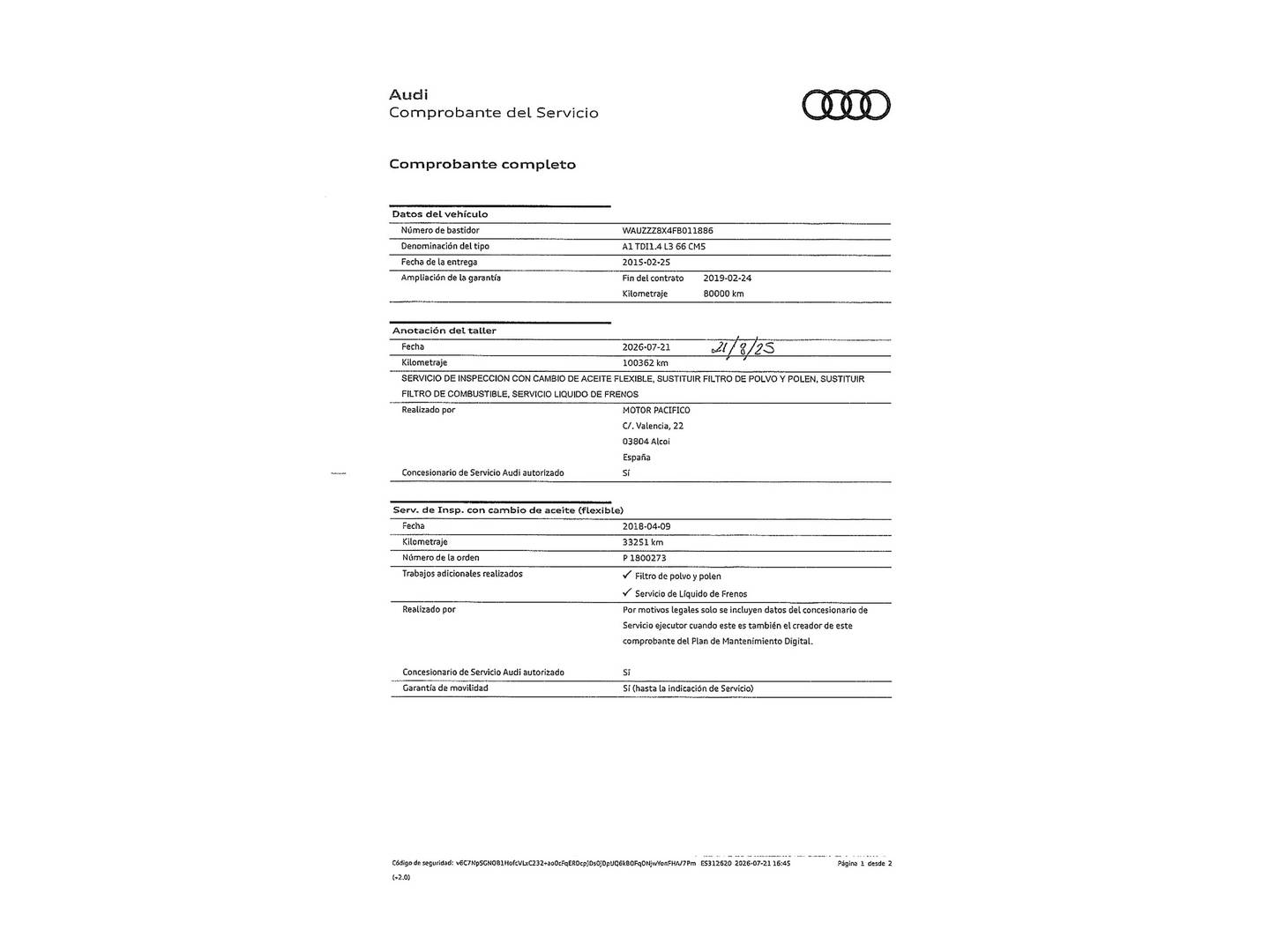 Foto del mantenimiento del Audi A1 Audi A1 design 1.4 TDI ultra (90 CV)