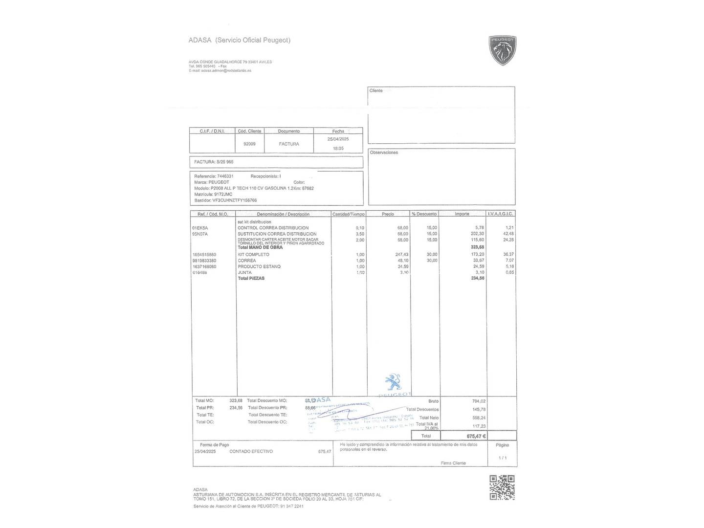 Foto del mantenimiento del Peugeot 2008 Peugeot 2008 PureTech 110 S&S Allure EAT6 (110 CV)