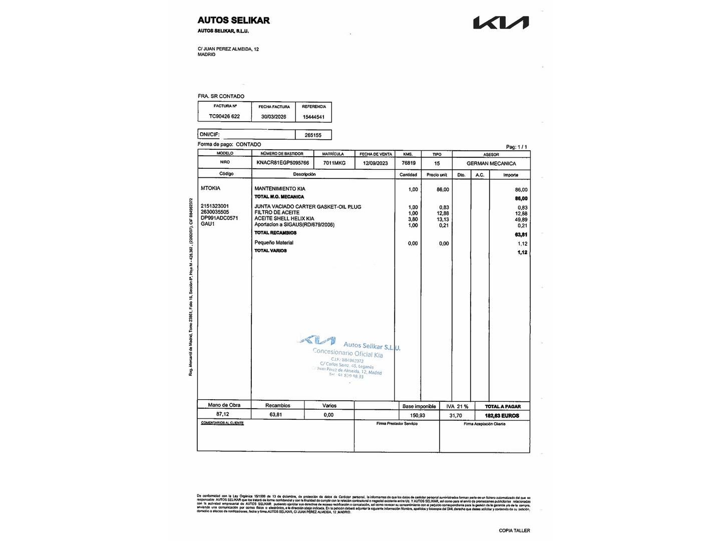 Foto del mantenimiento del KIA Niro KIA Niro 1.6 GDi HEV Drive (141 CV)