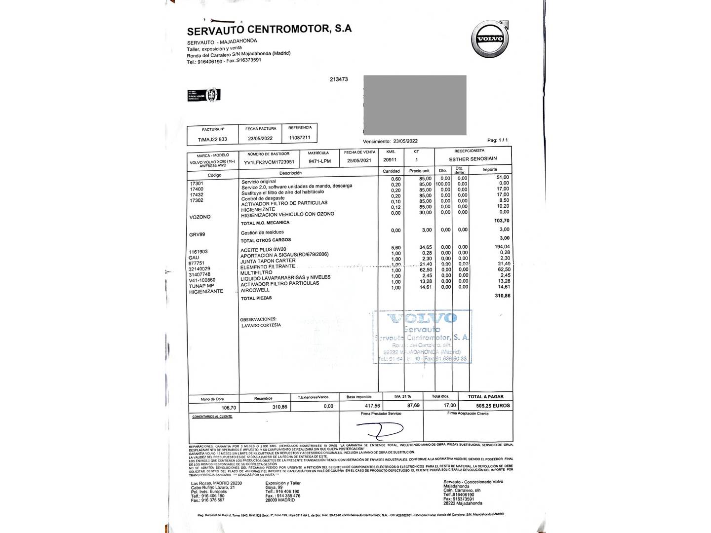 Foto del mantenimiento del Volvo XC90 Volvo XC90 B5 D Business Plus AWD Auto (235 CV) 7 Plaza