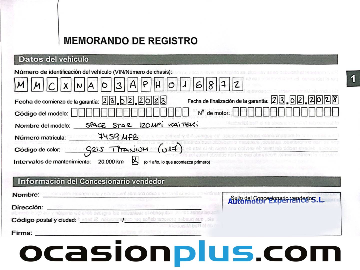 Foto del mantenimiento del Mitsubishi Space Star Mitsubishi Space Star 120 MPI Kaiteki  (71 CV)