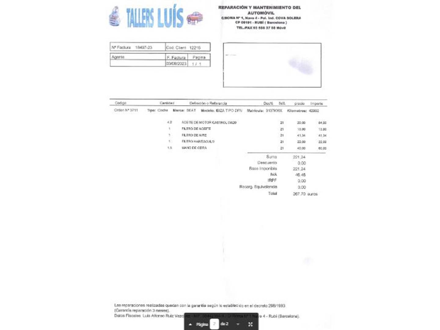 Foto del mantenimiento del Seat Ibiza Seat Ibiza 1.0 MPI Style Plus (80 CV)