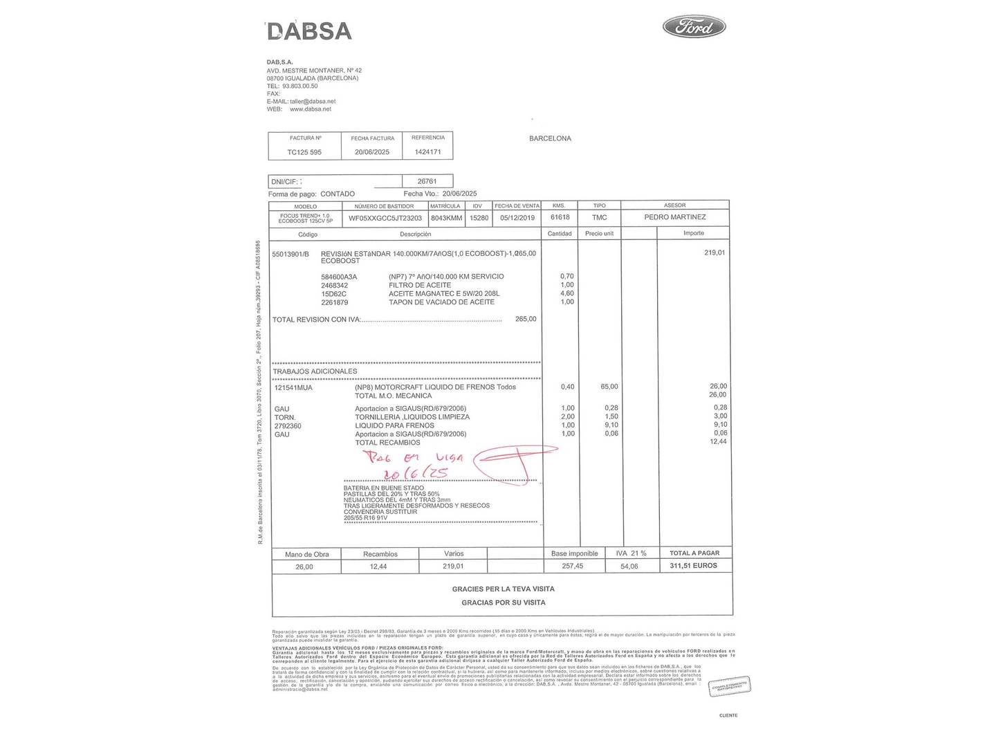 Foto del mantenimiento del Ford Focus Ford Focus 1.0 Ecoboost S&S Trend+ (125 CV)
