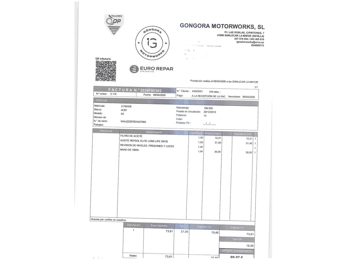 Foto del mantenimiento del Audi A5 Audi A5 Coupe 2.0 TFSI (225 CV) multitronic