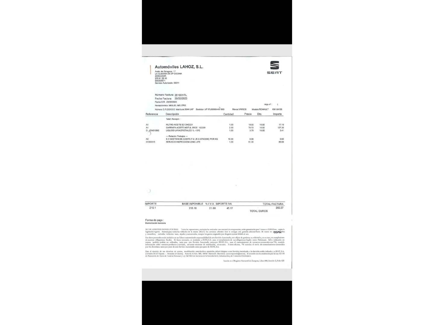 Foto del mantenimiento del Renault Trafic Renault Trafic Furgon Furgon 27 L1H1 Energy Blue dCi (95 CV)