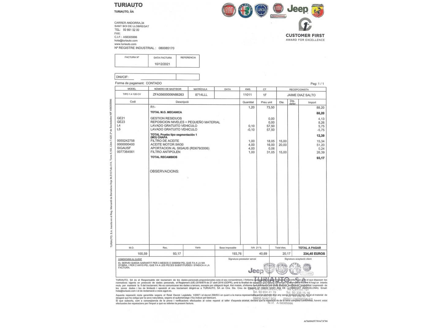 Foto del mantenimiento del Fiat Tipo Fiat Tipo SW 1.4 T-Jet Lounge (120 CV)