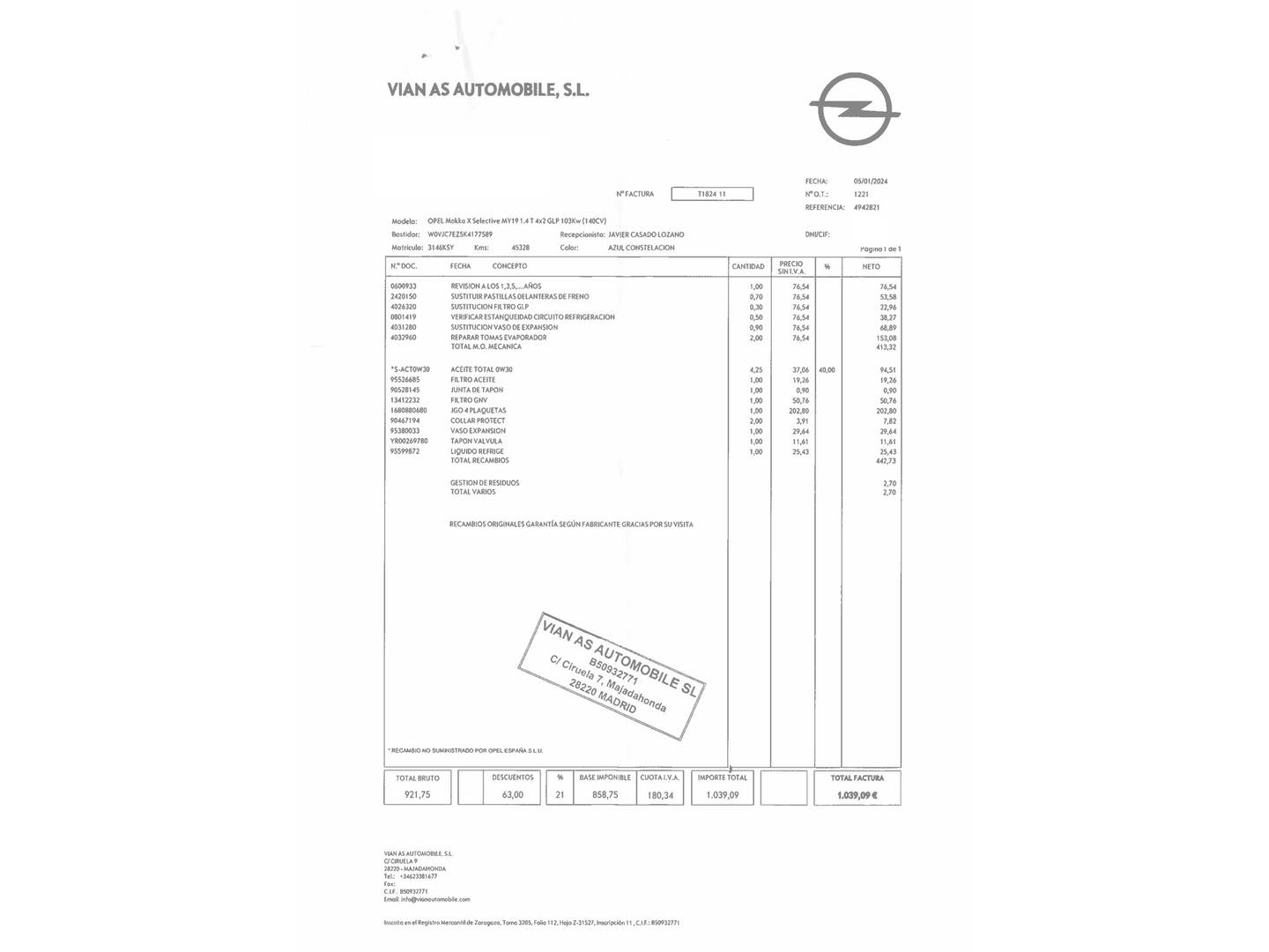 Foto del mantenimiento del Opel Mokka X Opel Mokka X 1.4 Turbo GLP Selective 4X2 (140 CV)
