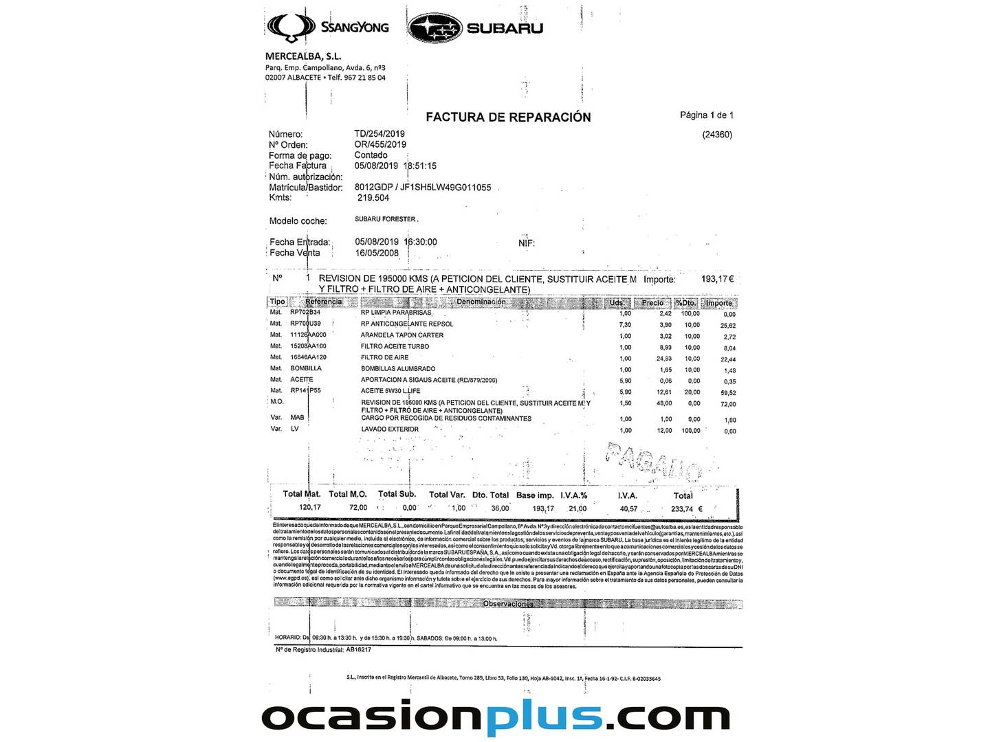 Foto del mantenimiento del Subaru Forester Subaru Forester XS Limited (150 CV) GLP