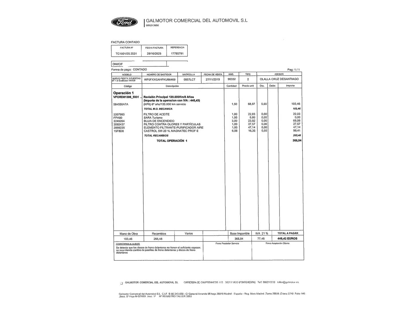 Foto del mantenimiento del Ford Fiesta Ford Fiesta 1.5 EcoBoost ST (200 CV)