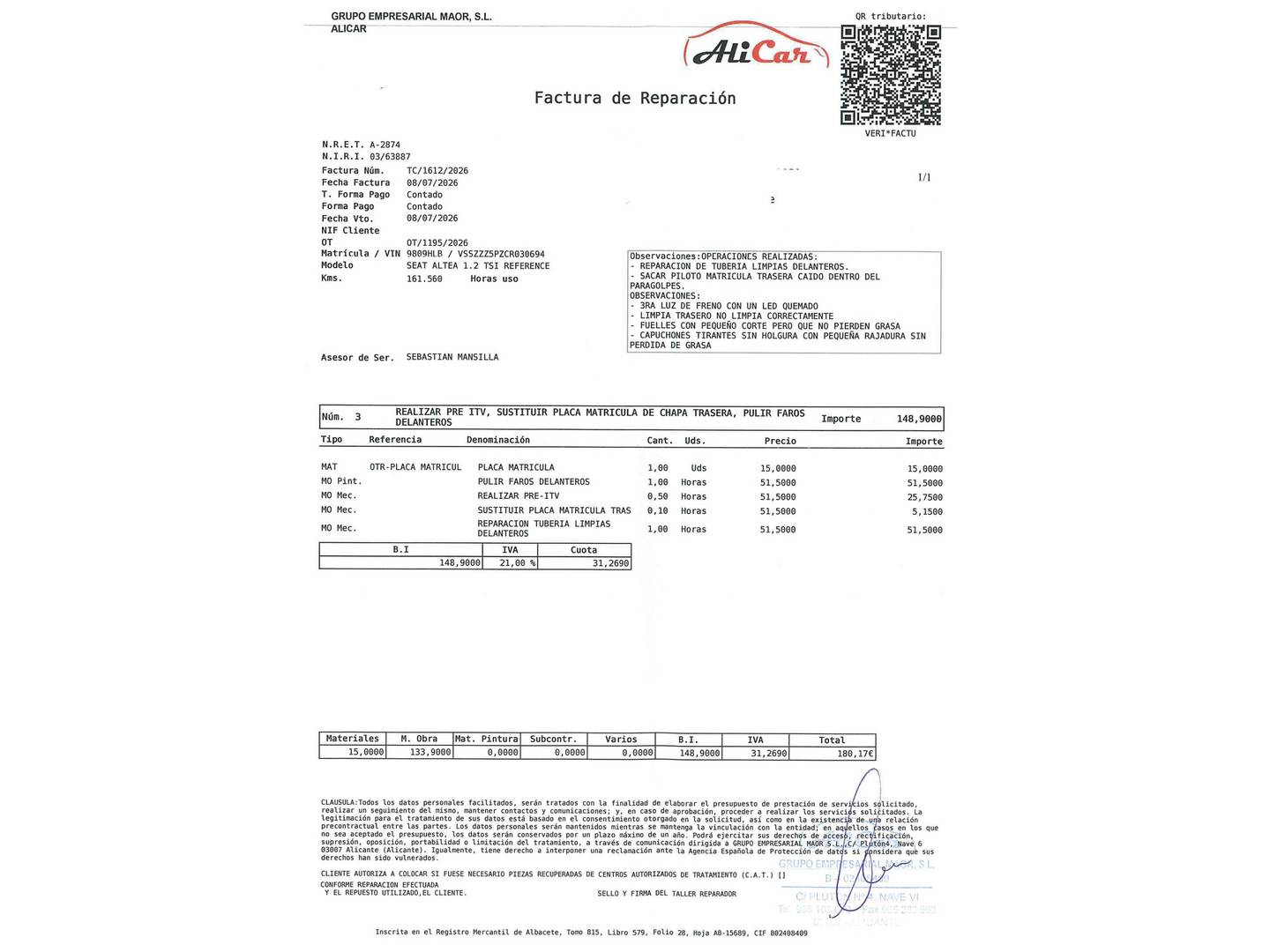 Foto del mantenimiento del Seat Altea Seat Altea 1.6 TDI Reference E-Ecomotive (105 CV)