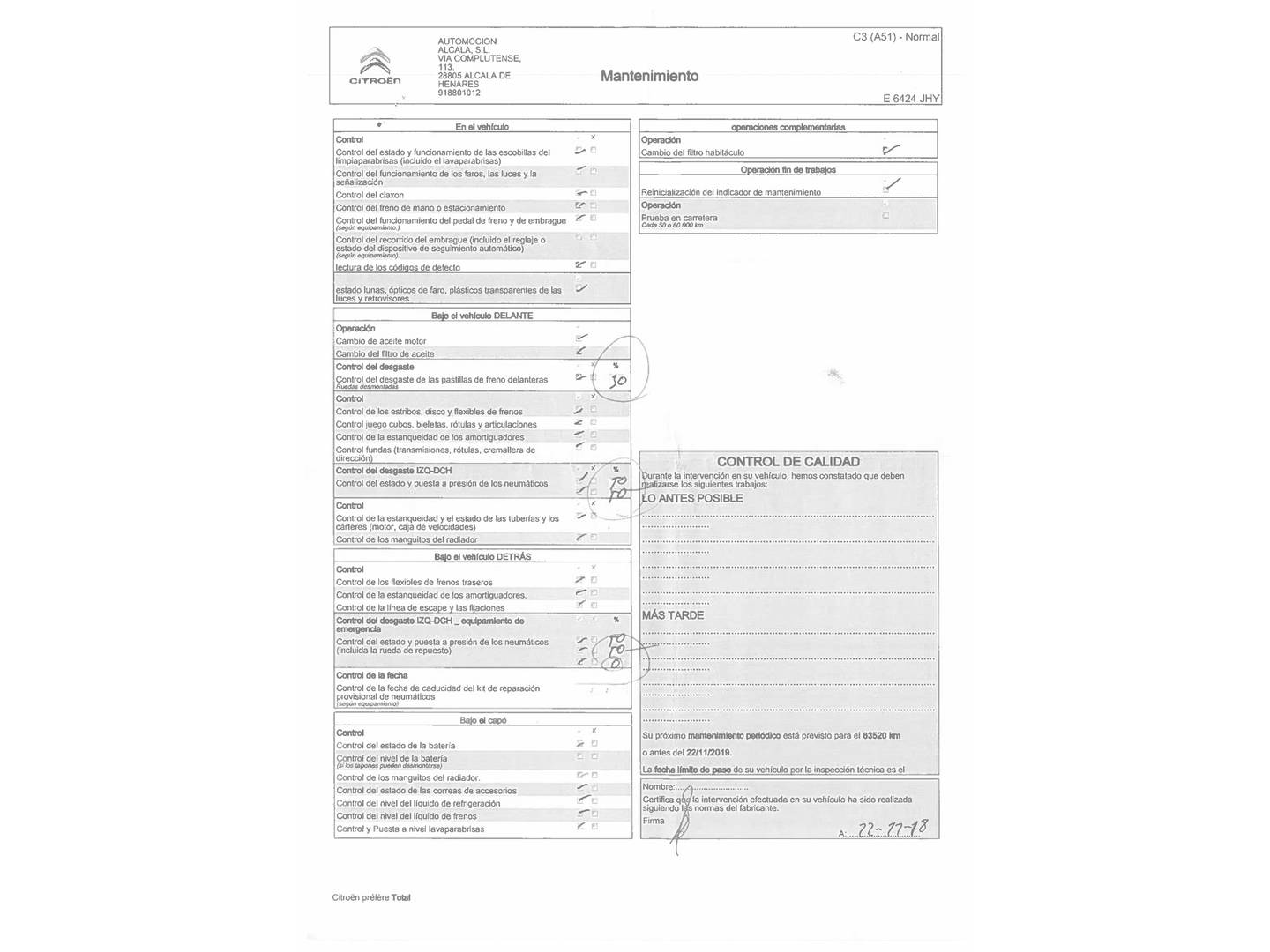 Foto del mantenimiento del Citroën C3 Citroën C3 PureTech 82 Tonic (82 CV)