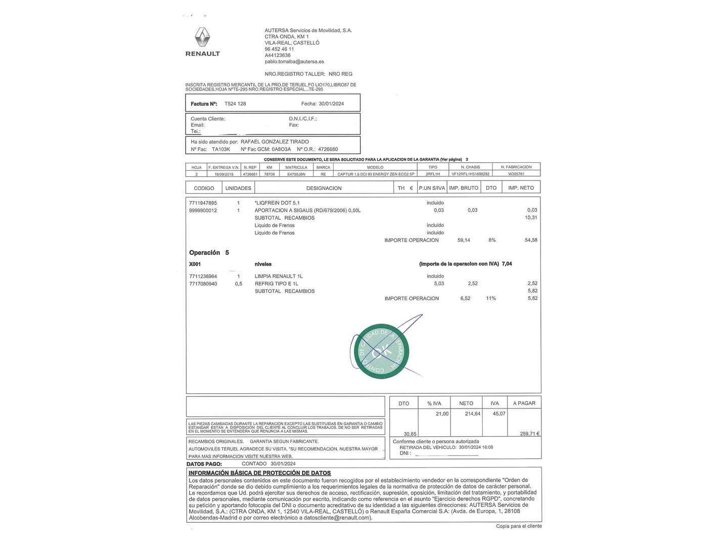 Foto del mantenimiento del Renault Captur Renault Captur Zen Energy dCi (90 CV)
