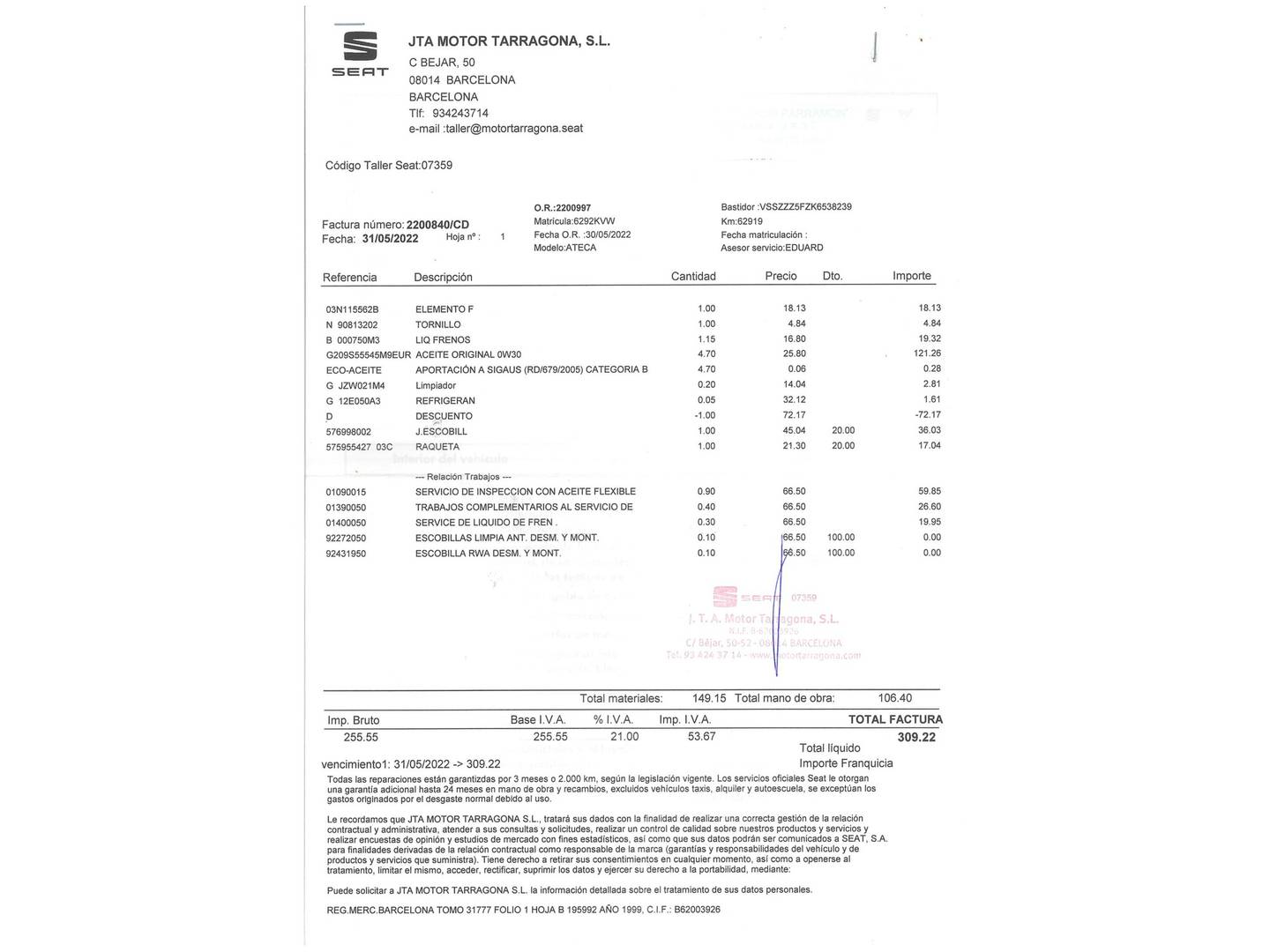 Foto del mantenimiento del Seat Ateca Seat Ateca 2.0 TDI S&S Xcellence Plus DSG (150 CV)