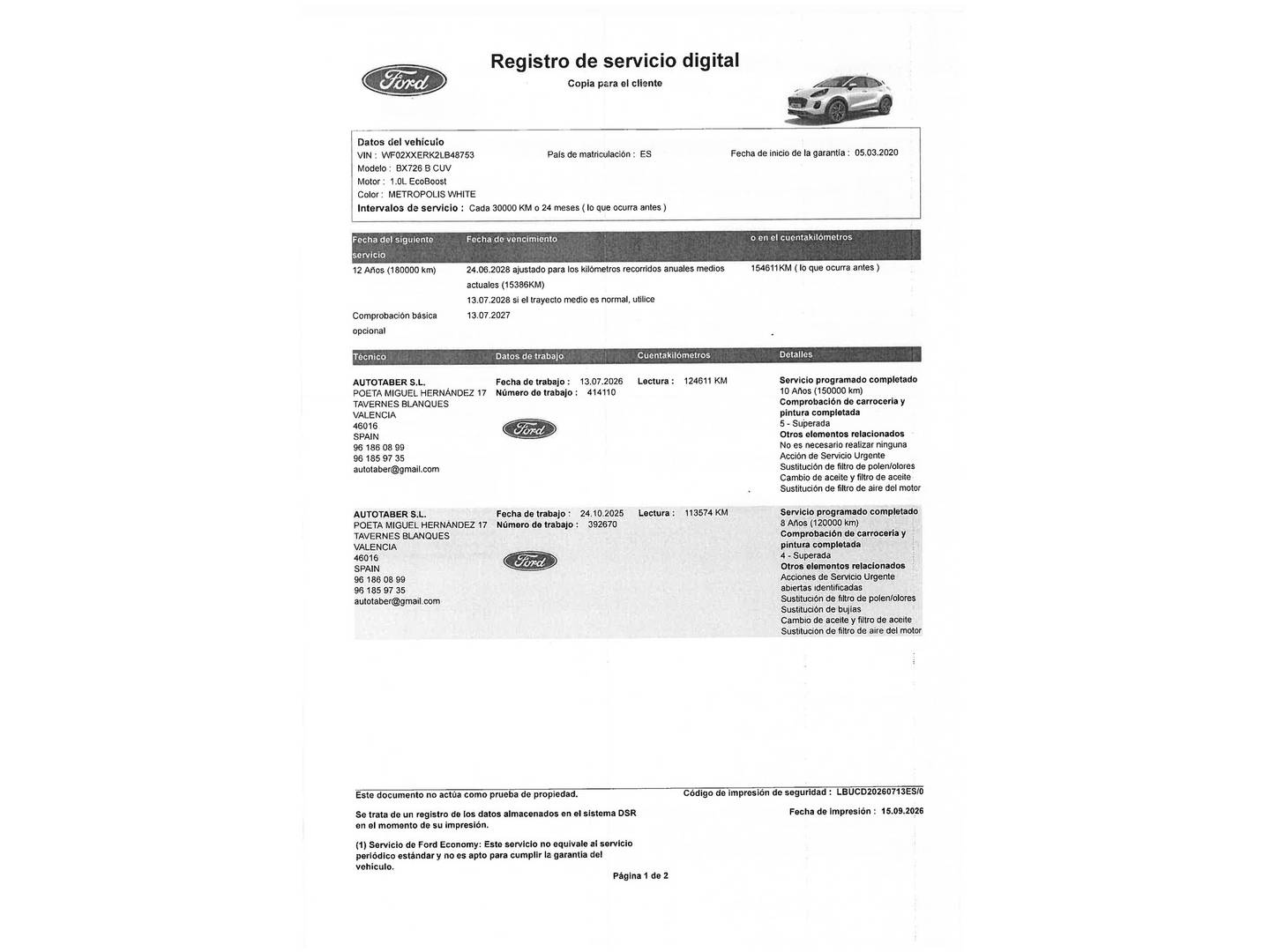 Foto del mantenimiento del Ford Puma Ford Puma 1.0 EcoBoost Titanium (125 CV)