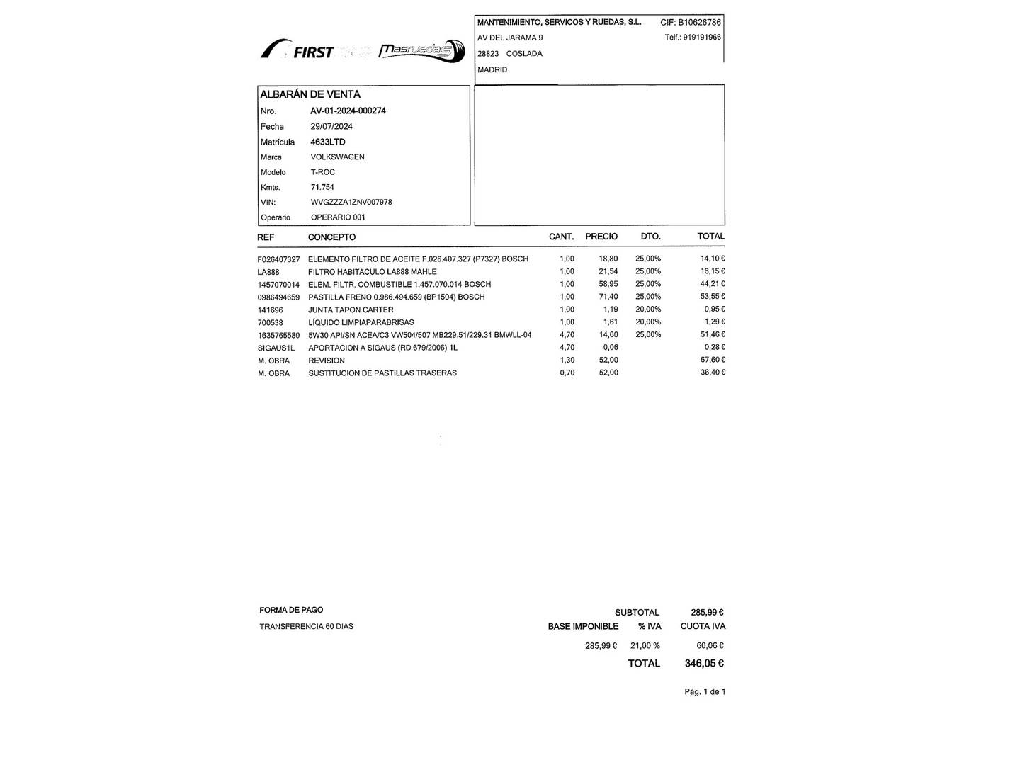 Foto del mantenimiento del Volkswagen T-Roc Volkswagen T-Roc Sport 2.0 TDI (150 CV) DSG