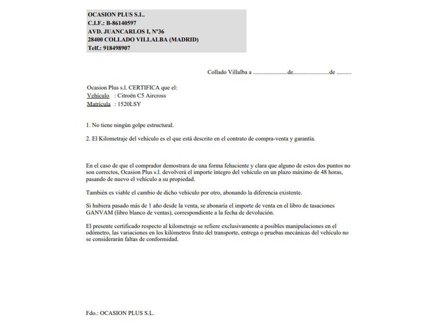 Foto del certificado del Citroën C5 Aircross Citroën C5 Aircross BlueHdi 130 S&S Shine (131 CV)