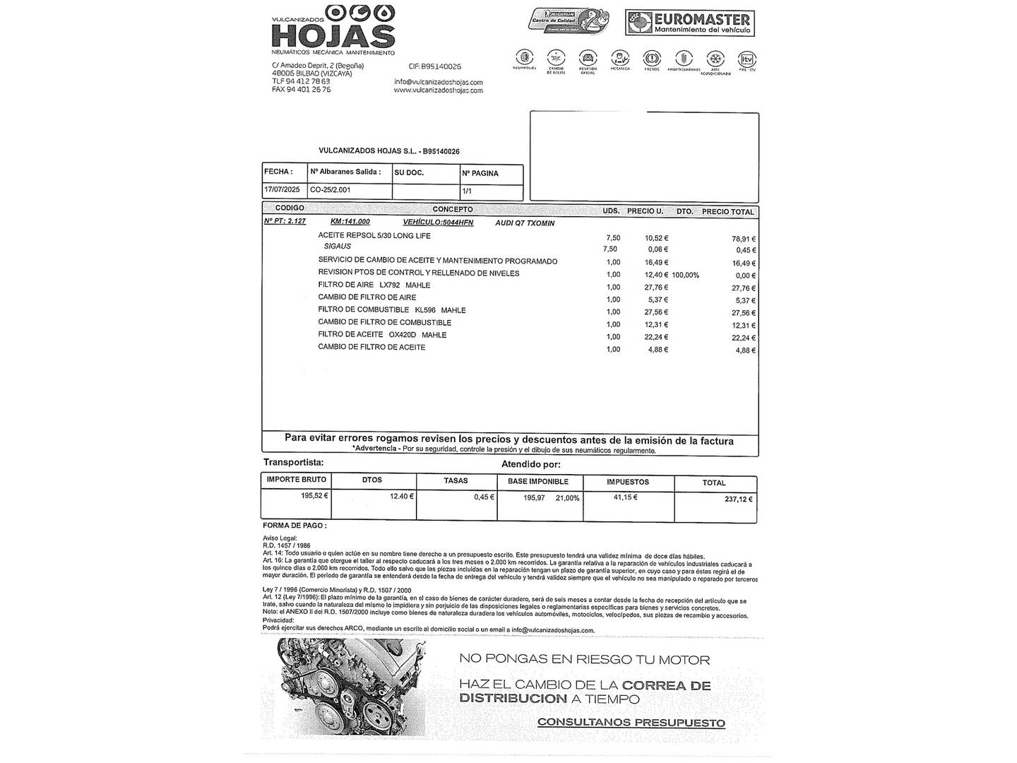Foto del mantenimiento del Audi Q7 Audi Q7 Ambiente 3.0 TDI quattro (204 CV) tiptronic 7 Plazas