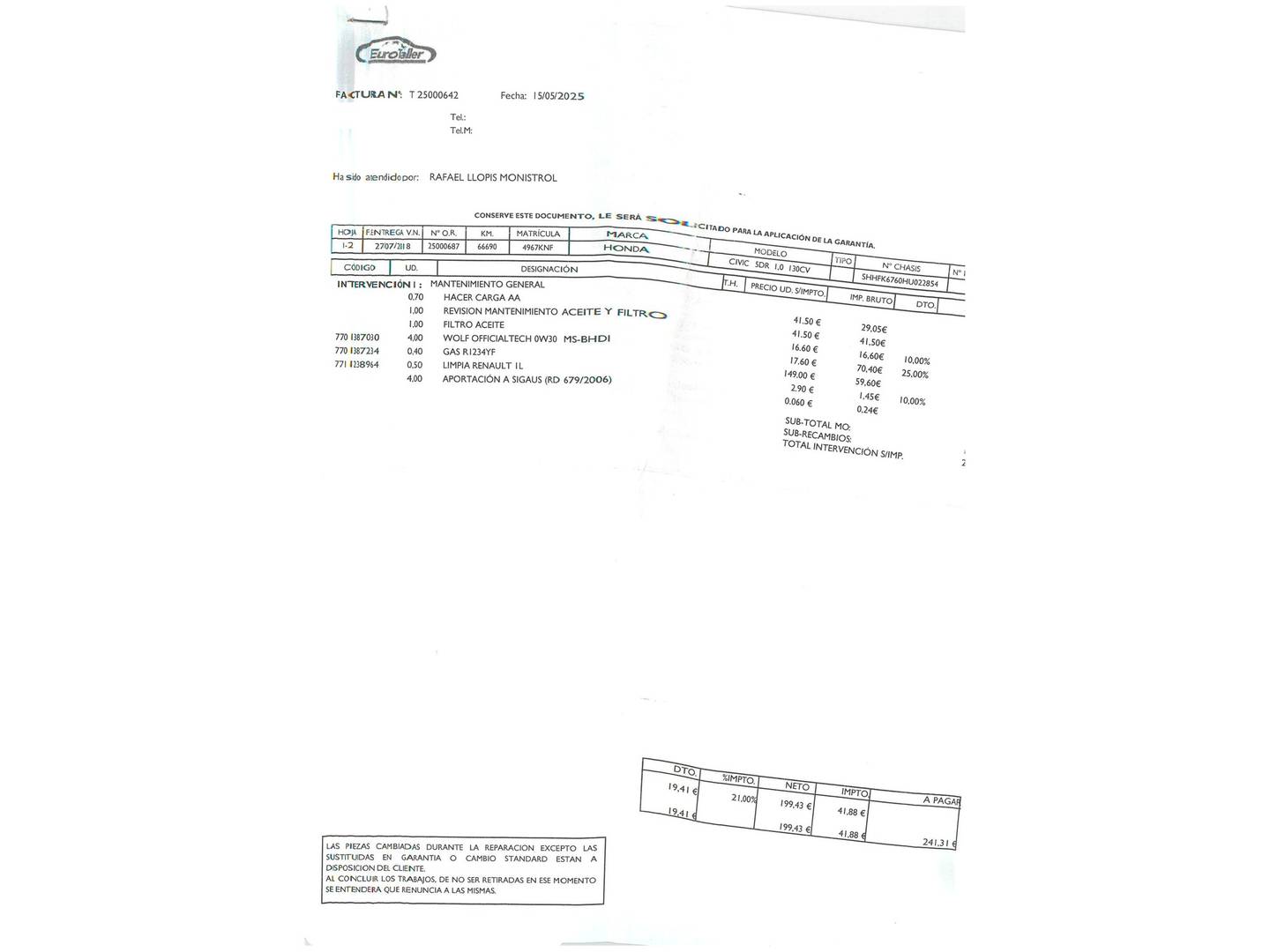 Foto del mantenimiento del Honda Civic Honda Civic 1.0 I-VTEC TURBO Elegance (129 CV)