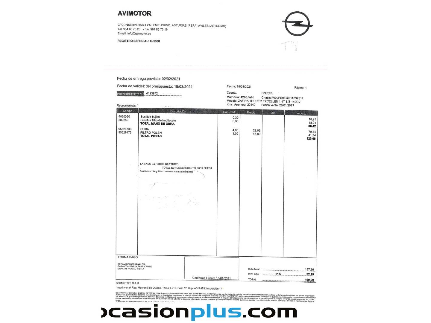 Foto del mantenimiento del Opel Zafira Tourer Opel Zafira Tourer 1.4 Turbo S&S Excellence  (140 CV) 7 plazas