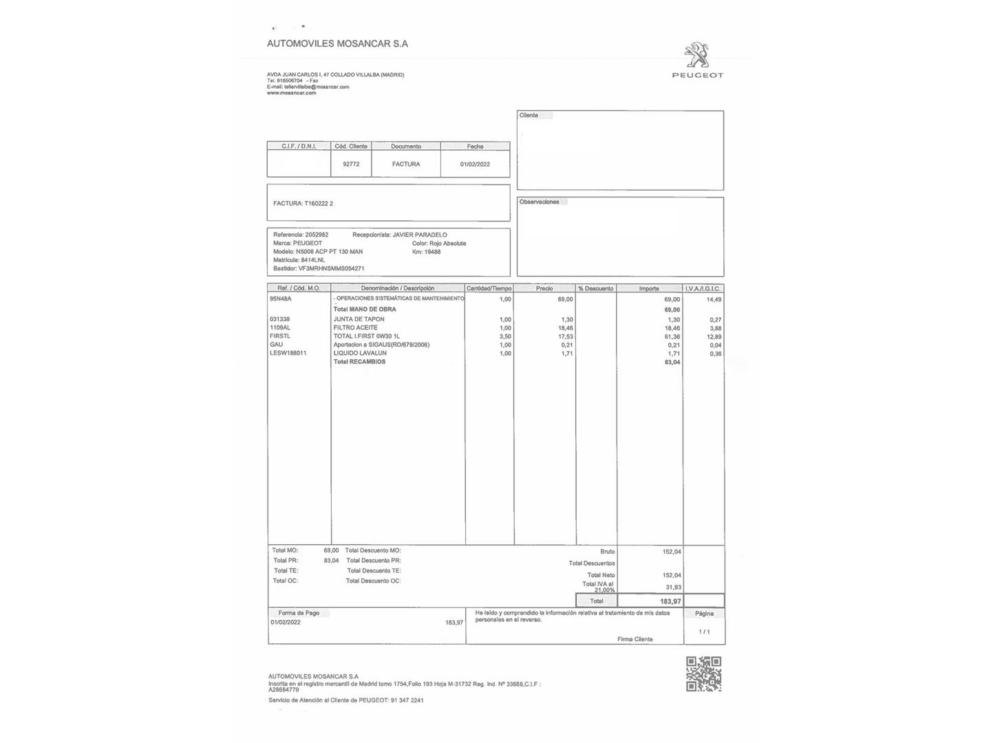 Foto del mantenimiento del Peugeot 5008 Peugeot 5008 PureTech 130 S&S Active Pack (130 CV) 7 Plazas