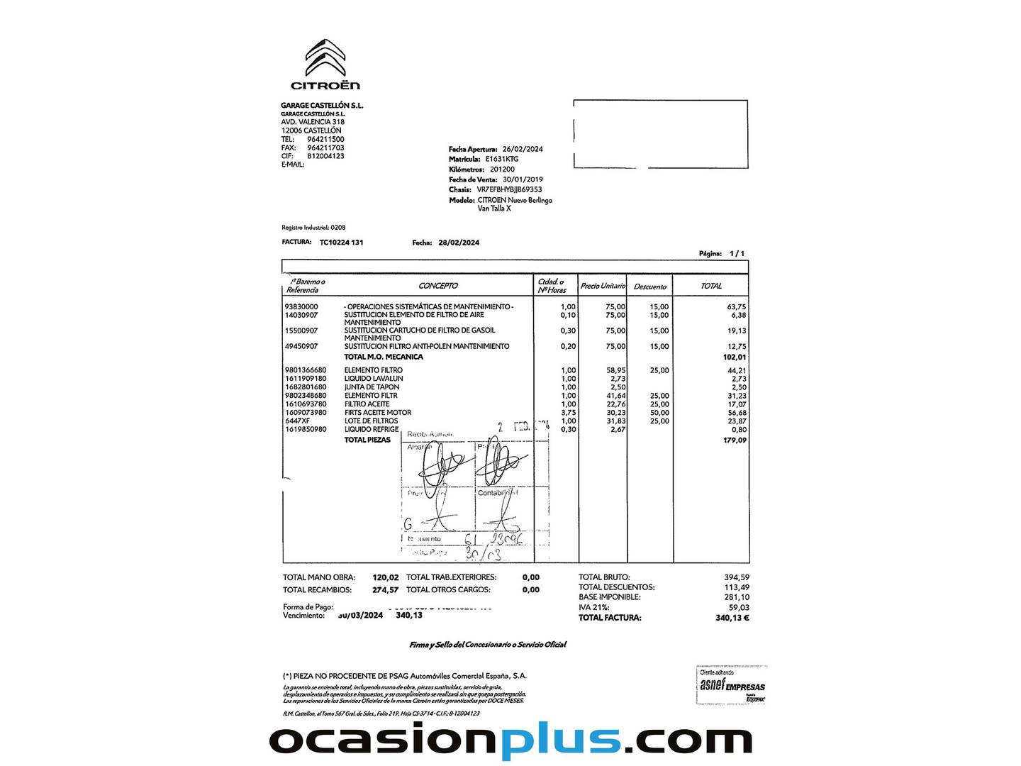 Foto del mantenimiento del Citroën Berlingo Citroën Berlingo BlueHDi 100 Talla XL Club (100 CV)
