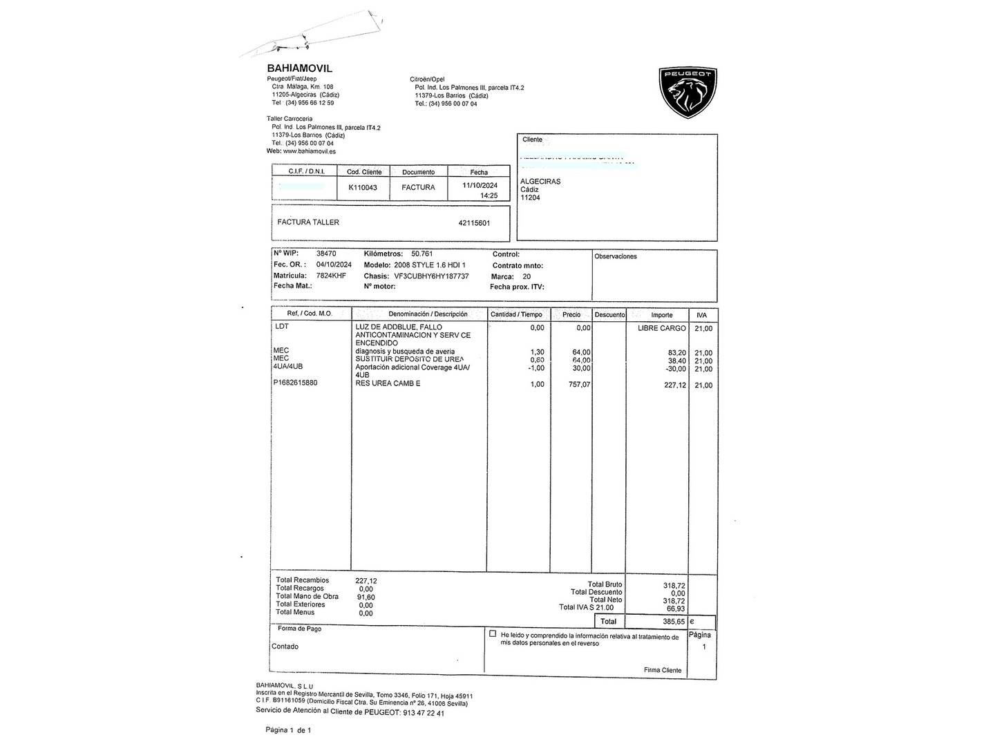 Foto del mantenimiento del Peugeot 2008 Peugeot 2008 BlueHDi 100 Style (100 CV)