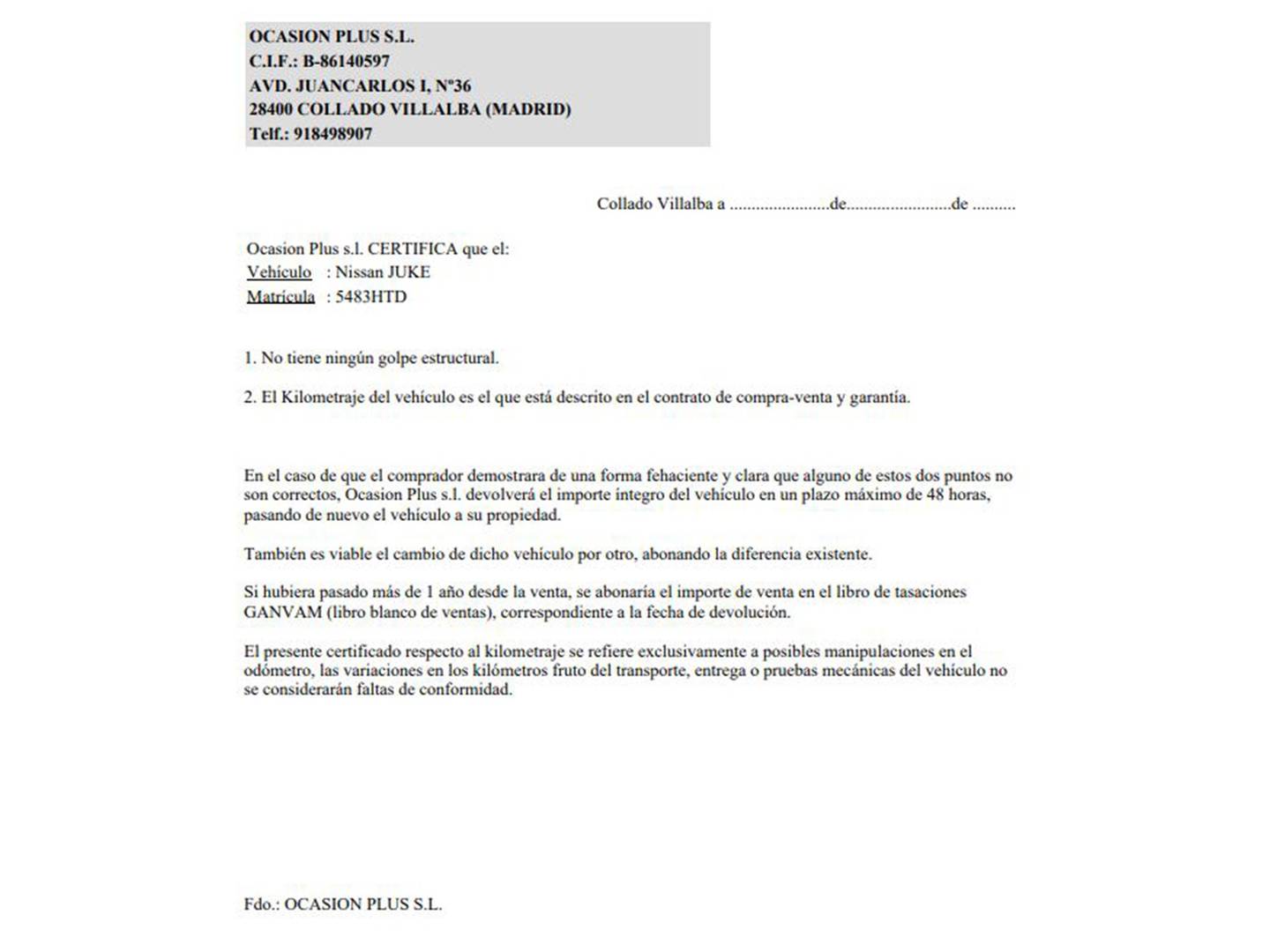 Foto del certificado del Nissan JUKE Nissan Juke 1.5 dCi S&S N-Tec 4x2 (110 CV)