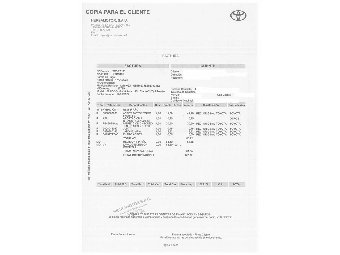 Foto del mantenimiento del Toyota Auris Toyota Auris 140H Hybrid Feel! (136 CV)