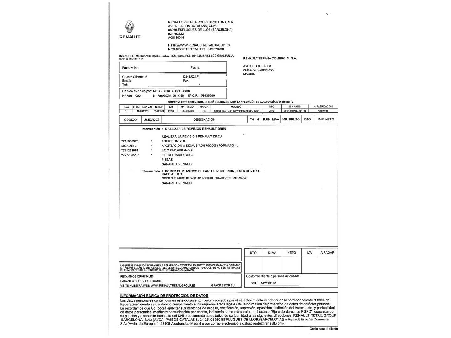 Foto del mantenimiento del Renault Captur Renault Captur Zen TCe (150 CV) GPF EDC