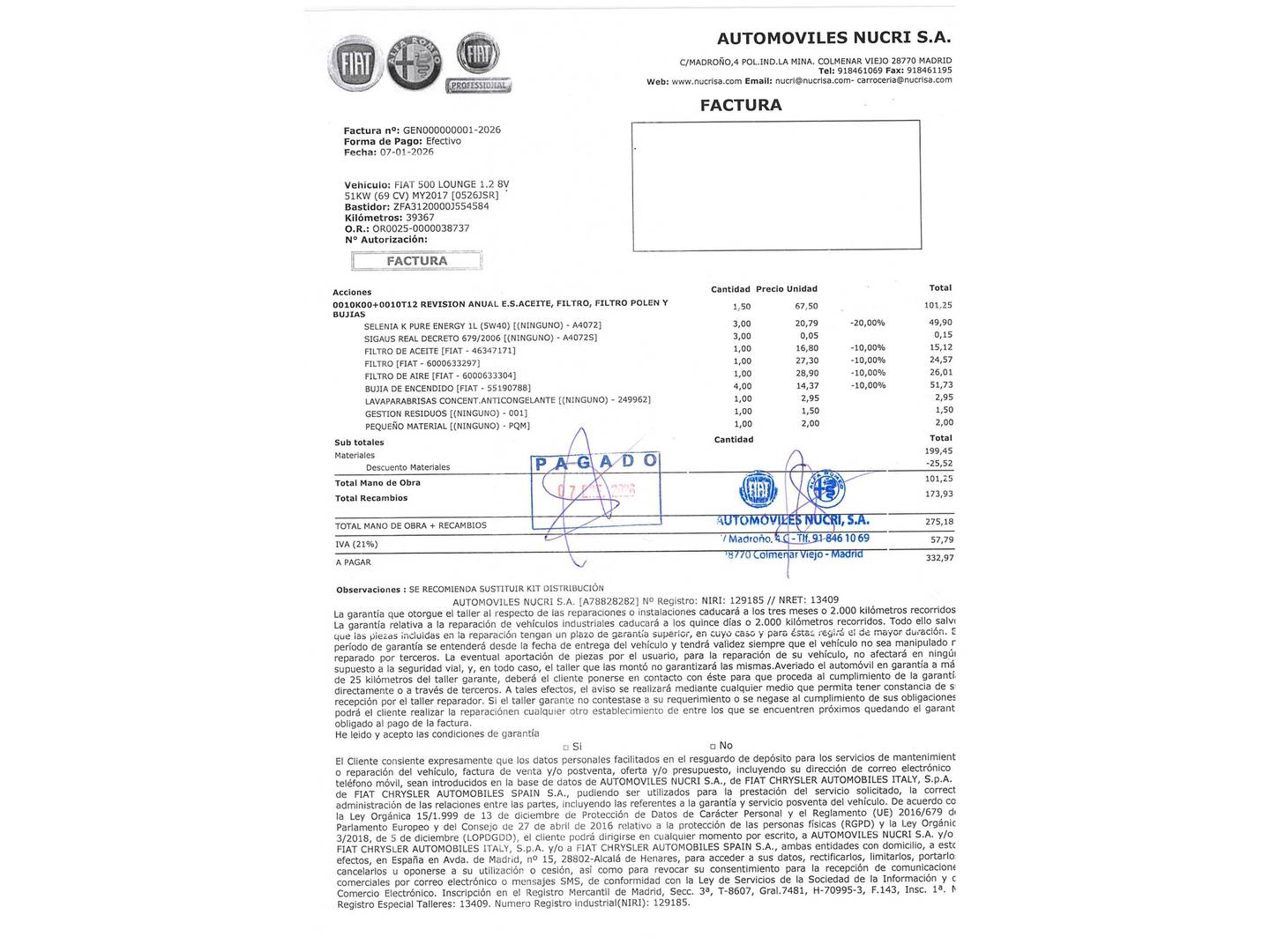 Foto del mantenimiento del Fiat 500 Fiat 500 1.2 8v Lounge (69 CV)