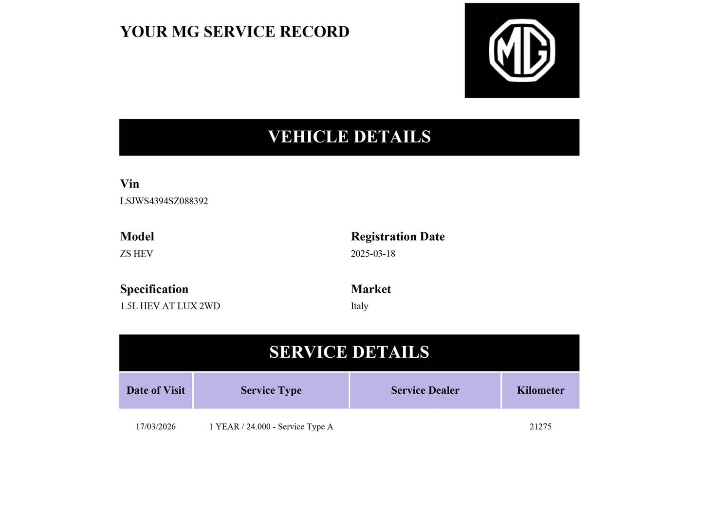 Foto del mantenimiento del MG ZS MG ZS 1.5 Hybrid+ Luxury (197 CV)