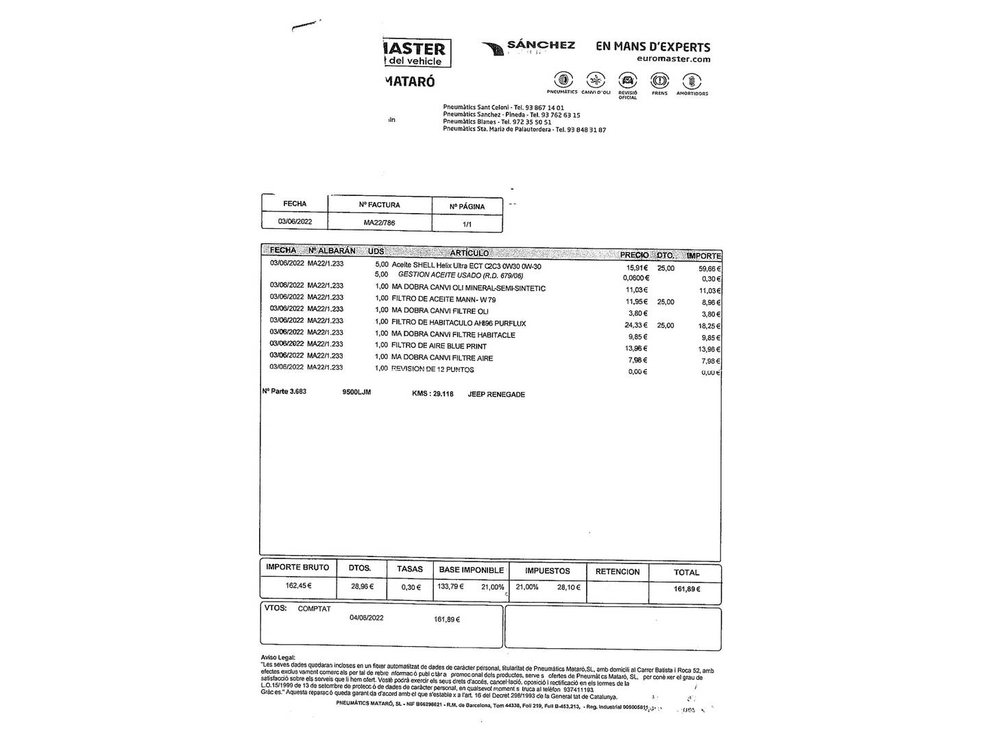 Foto del mantenimiento del Jeep Renegade Jeep Renegade 1.0G Longitude 4x2 (120 CV)