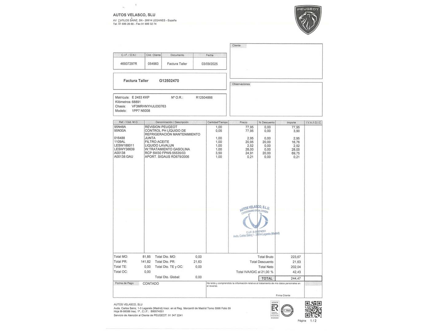 Foto del mantenimiento del Peugeot 5008 Peugeot 5008 PureTech 130 S&S Allure (130 CV)7 Plazas