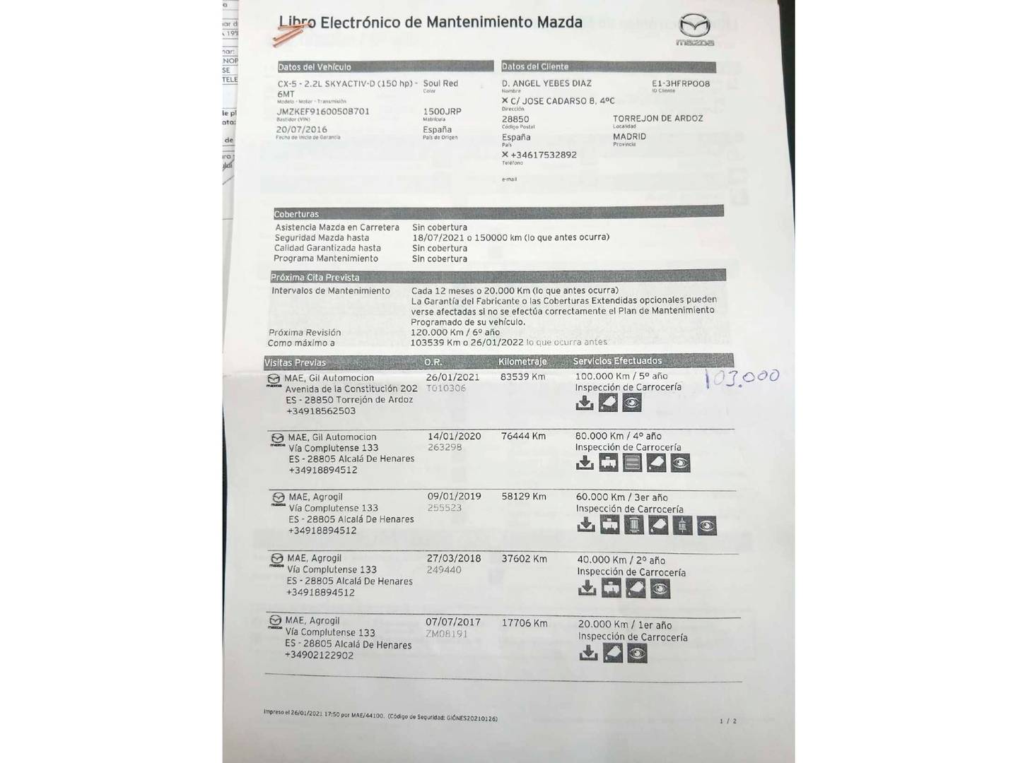 Foto del mantenimiento del Mazda CX-5 Mazda CX-5 2.2 DE Luxury 2WD (150 CV)