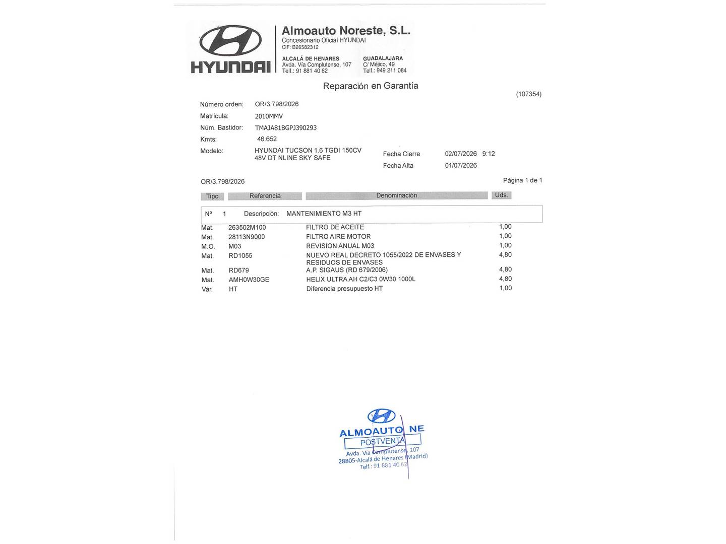 Foto del mantenimiento del Hyundai Tucson Hyundai Tucson 1.6 TGDI 48V N-Line Sky DCT (150 CV)