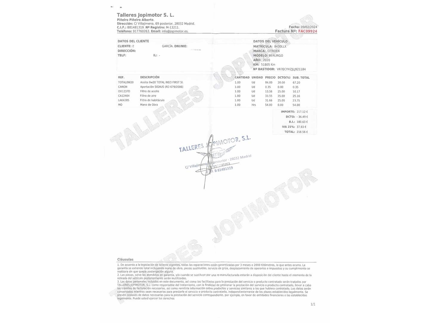 Foto del mantenimiento del Citroën Berlingo Citroen Berlingo Combi BlueHDi 130 S&S Talla XL Feel (130 CV) 7 Plazas