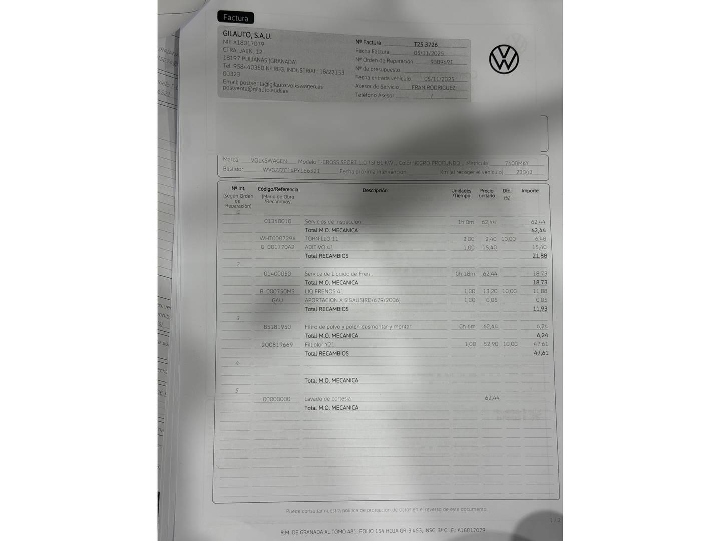 Foto del mantenimiento del Volkswagen T-Cross Volkswagen T-Cross Sport 1.0 TSI (110 CV) DSG