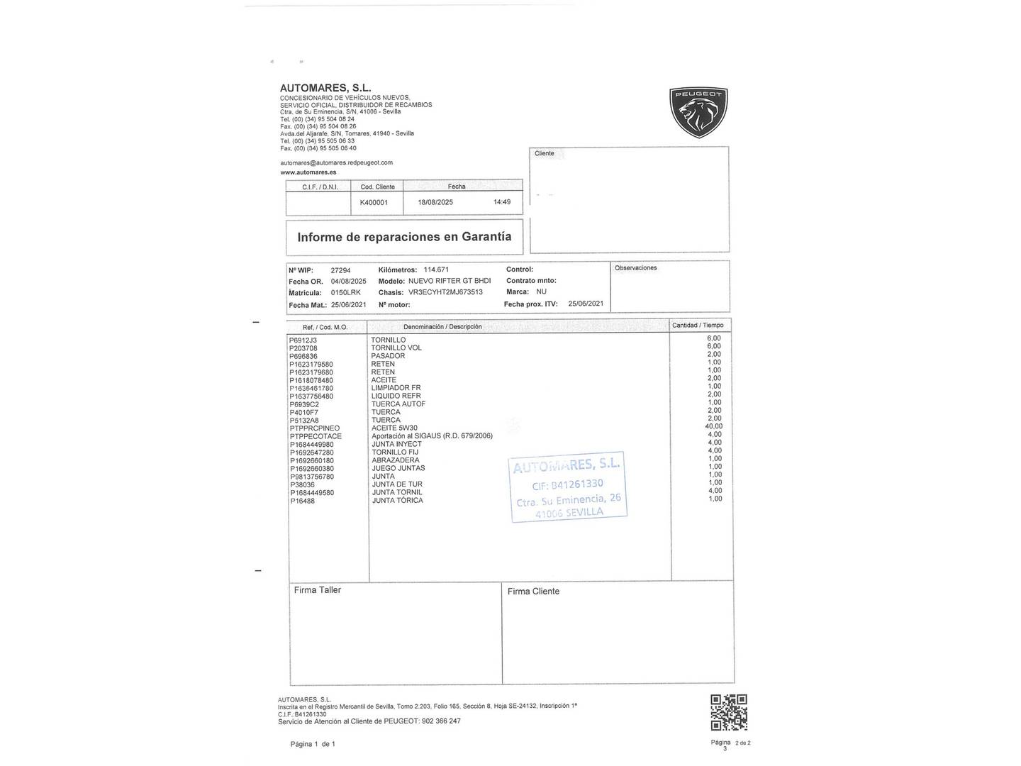 Foto del mantenimiento del Peugeot Rifter Peugeot Rifter GT Long BlueHDi (100 CV)