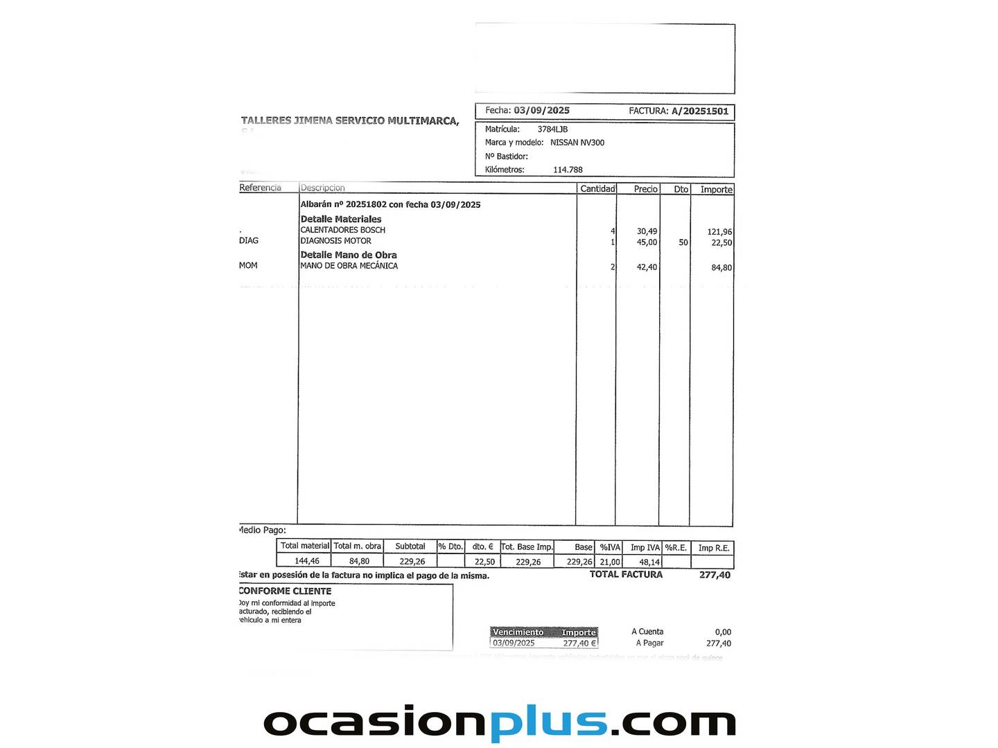 Foto del mantenimiento del Nissan NV300 Nissan NV300 Combi 2.0 dCi L1H1 1T Premium (120 CV) Camperizada 2 Plazas