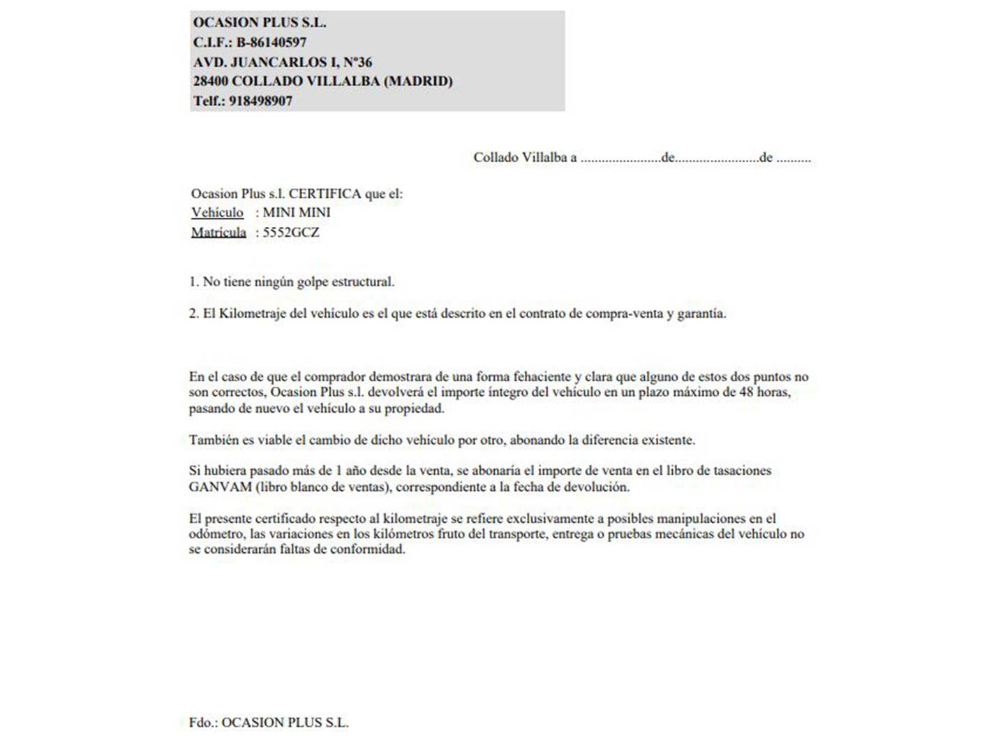 Foto del certificado del Mini MINI Mini MINI Cooper S (175 CV)