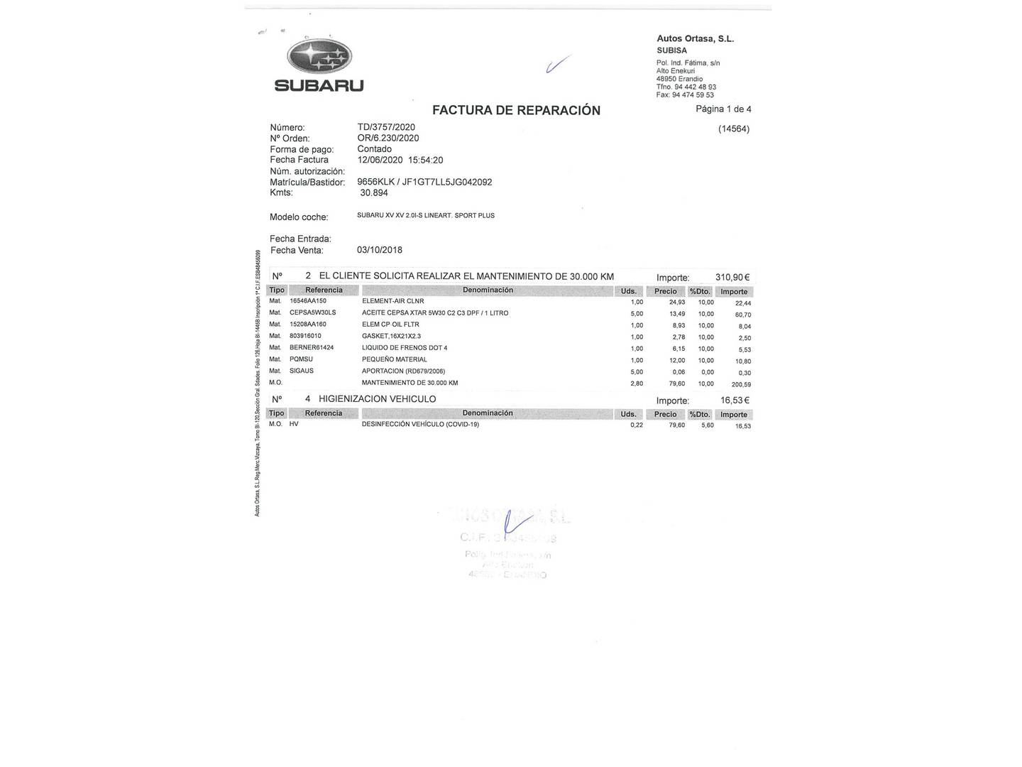 Foto del mantenimiento del Subaru XV Subaru XV 2.0i Sport Plus CVT Lineartronic (156 CV)